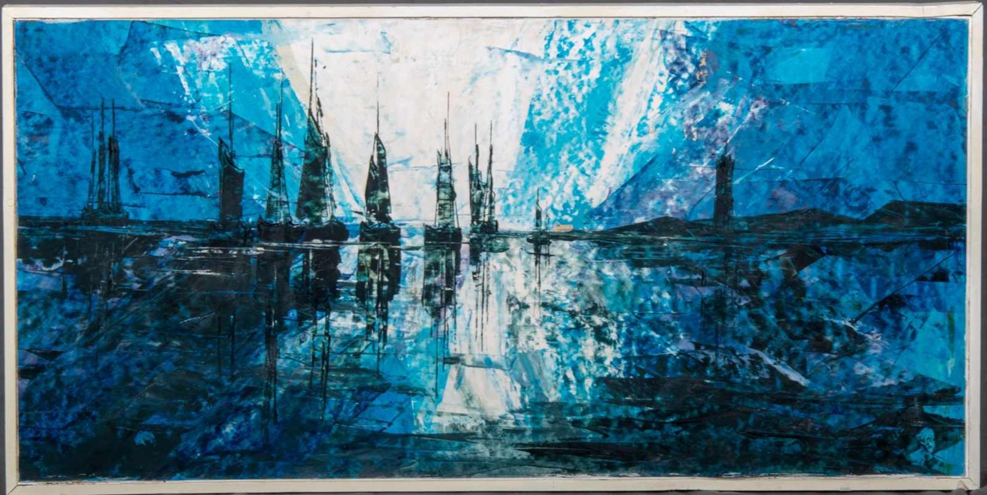 "Schiffe im Hafen". Acryl/Spachteltechnik auf Sperrholzplatte, ca. 48 x 98 cm, verso