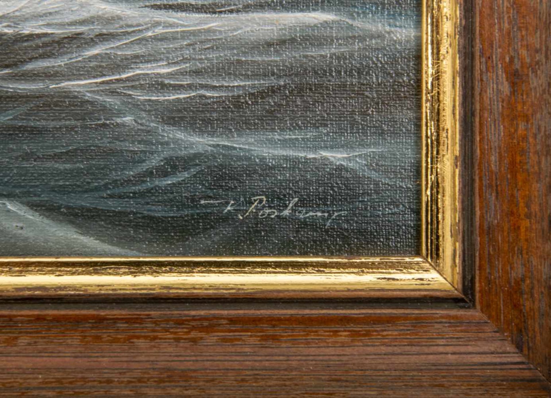 "Dreimaster"-Küstensegler, kleinformatiges Gemälde, Öl auf Leinwand, ca. 18 x 24 cm, Rahmen - Bild 4 aus 4