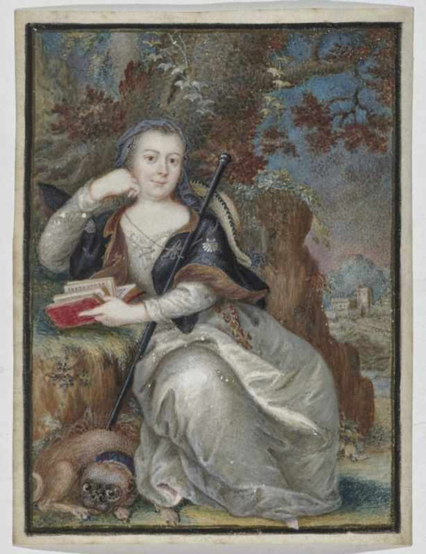 Deutsch18. Jh. Bildnis einer Dame als PilgerinIn Felslandschaft sitzend, zu ihren Füßen ein Mops.