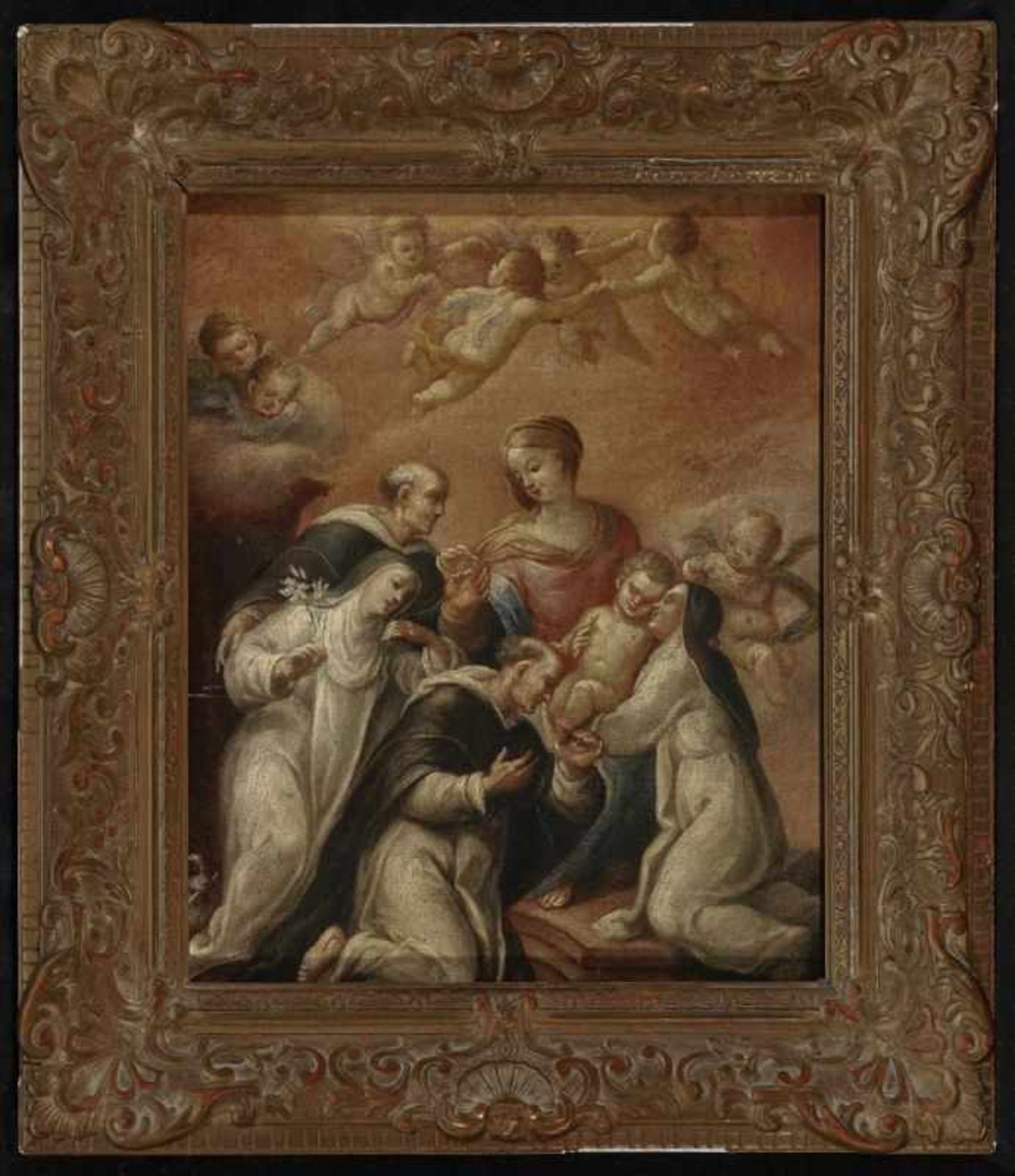 Italien17./18. Jh. Rosenkranzmadonna mit DominikanerheiligenAuf dem Keilrahmen von späterer Hand - Bild 2 aus 2