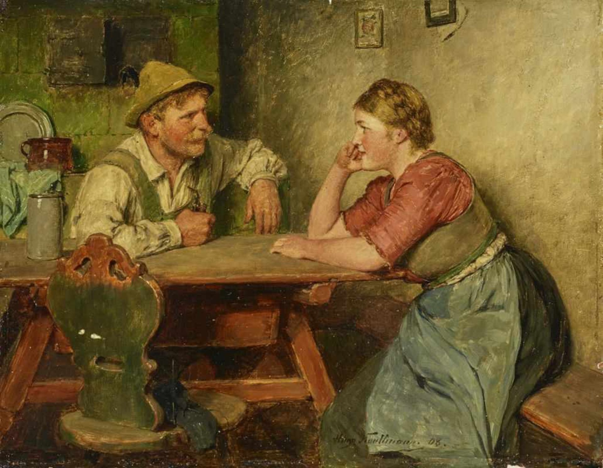 Kauffmann, Hugo1844 Hamburg - 1915 Prien am ChiemseeBursche mit Pfeife und Dirndl, am Tisch