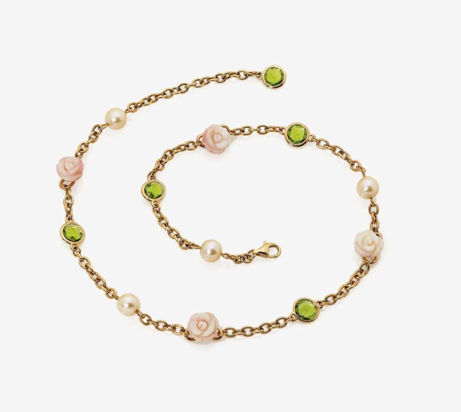 A Peridot, Coral and Cultured-Pearl NecklaceMIMI 18K rose gold (750/-), stamped. Signed Mimi. 5