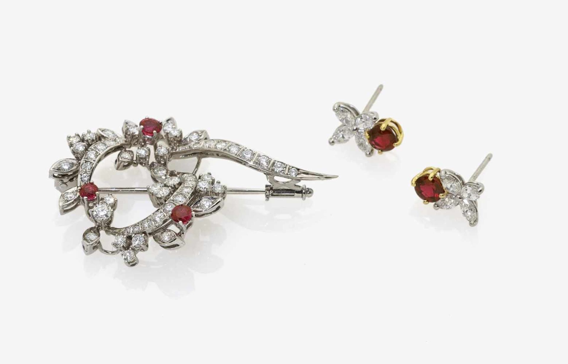 A Pair of Ruby and Diamond Ear Studs and a similarly styled BroochEar Studs: USA, TIFFANY Ear Studs: