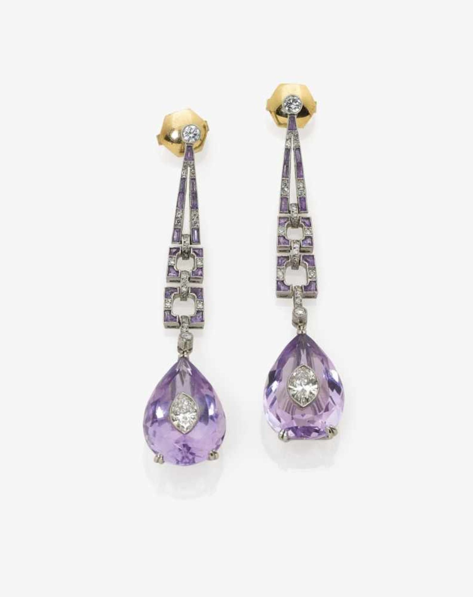 A Pair of Amethyst and Diamond Ear DropsUSA, 1930s-1940s Platinum (950/-) and 18K yellow gold (