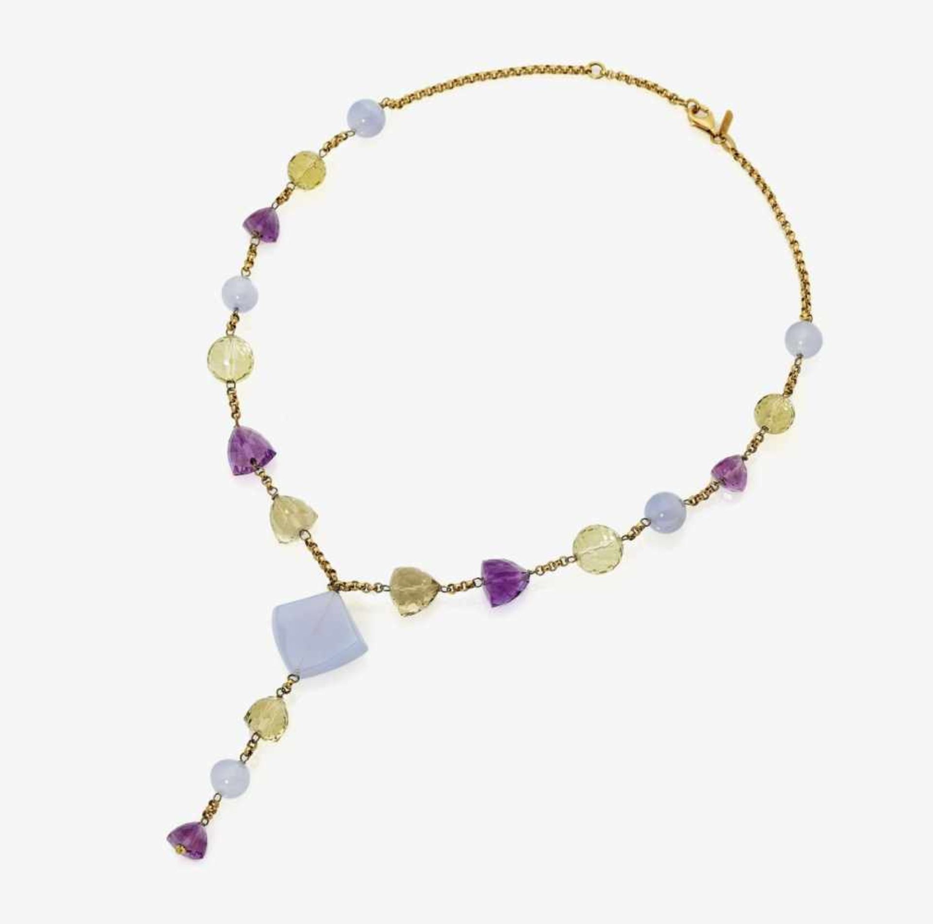 A Chalcedony, Lemon Quartz and Amethyst NecklaceItaly, GILARDY 18K yellow gold (750/-), stamped.