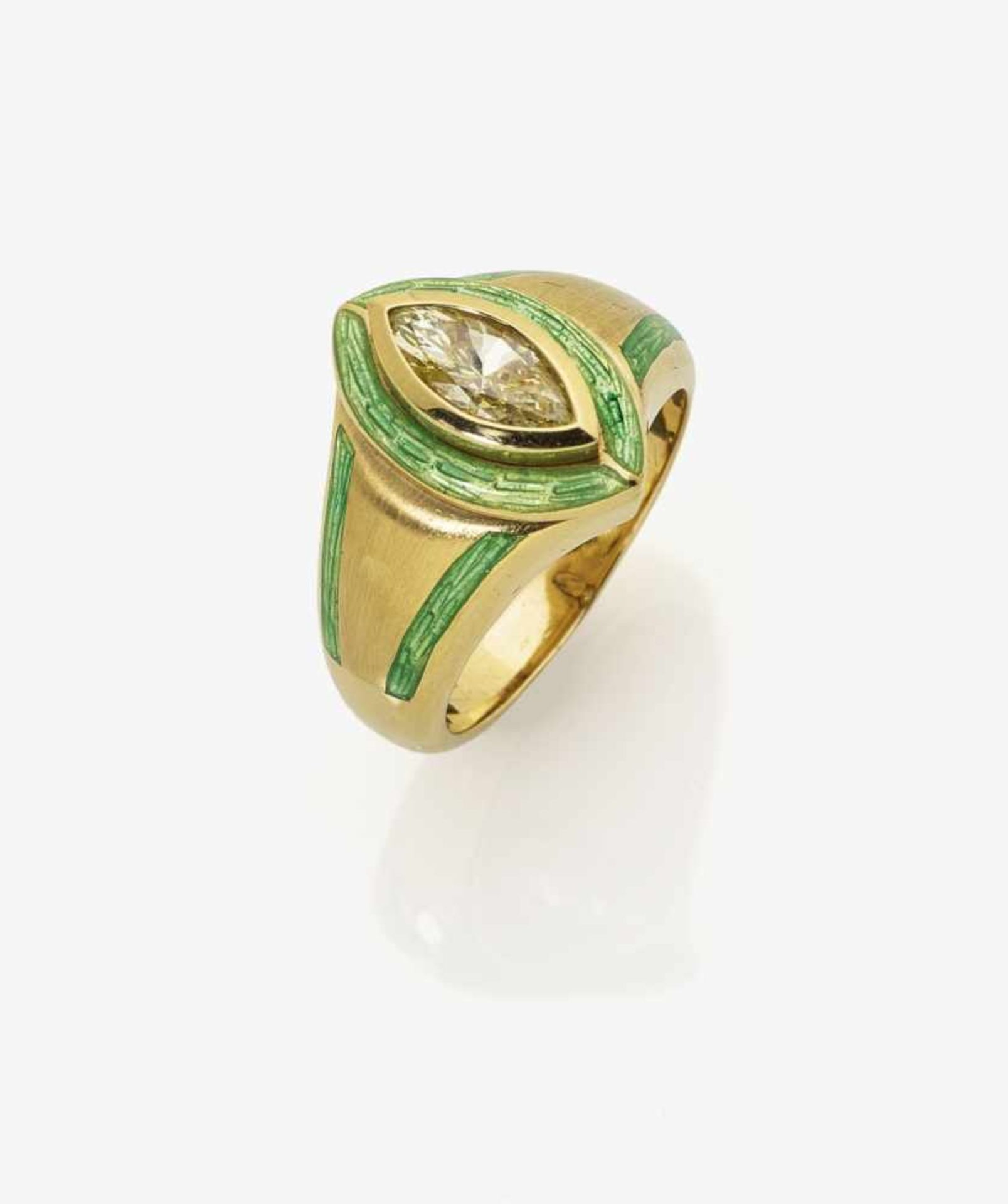 A Green Enamel and Yellow Diamond RingGermany 18K yellow gold (750/-), stamped. Maker's mark K. 1