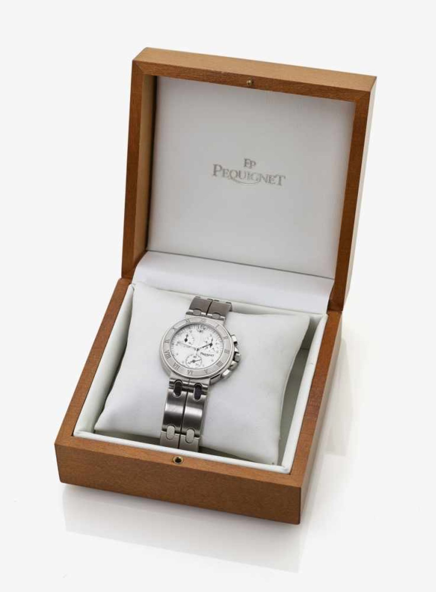 A Gentleman's Chronograph Bracelet WatchFrance, PEQUIGNET, MOOREA Steel. Diameter circa 37 mm, inner