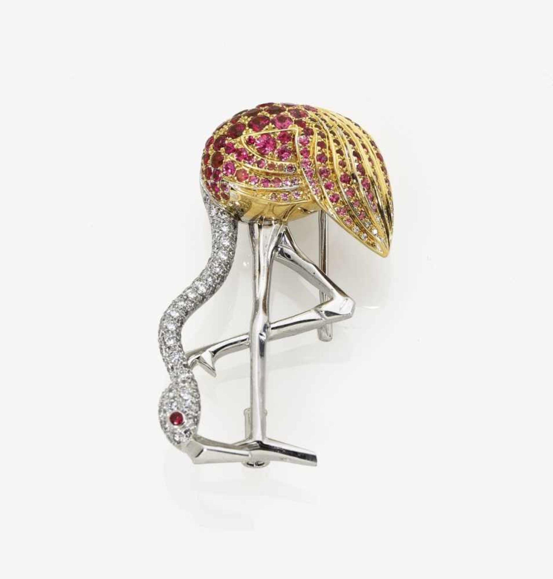 A Diamond, Ruby and Pink Sapphire Flamingo BroochParis, 1980s-1990s Rhodium plated 18K white and