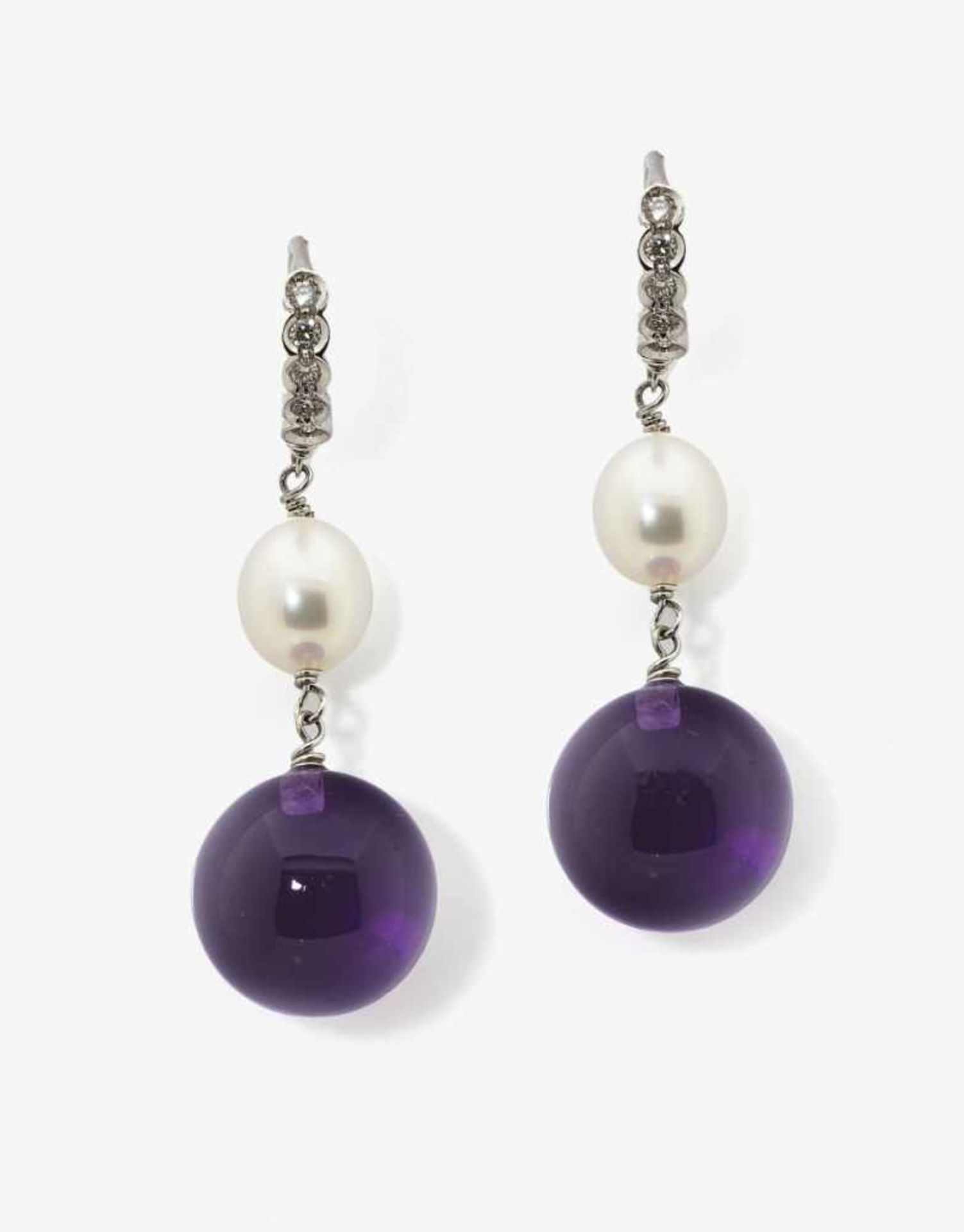 A Pair of Amethyst, Cultured Pearl and Diamond Earrings18K white gold (750/-), stamped. 10 small,