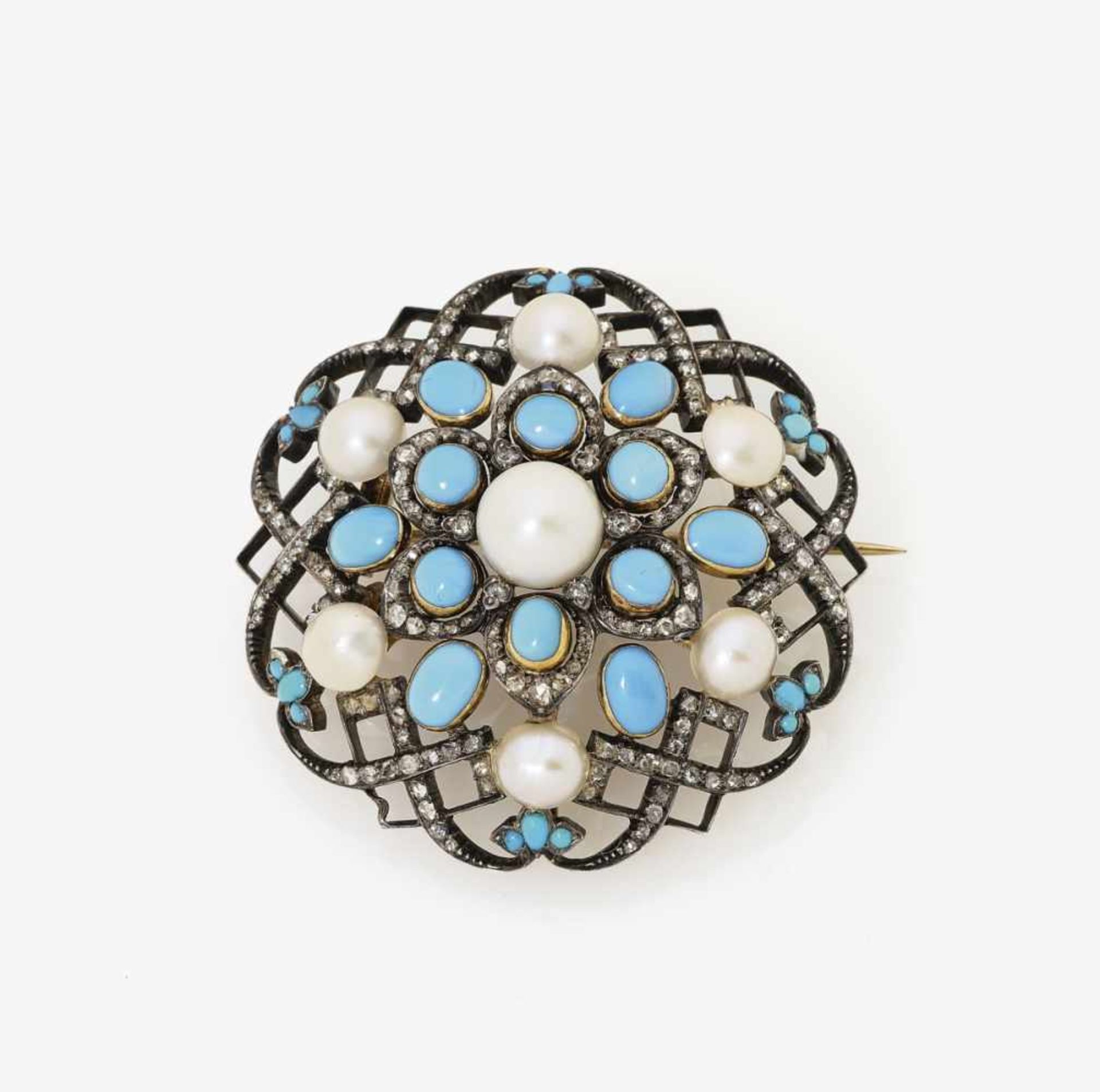A Turquoise, Seed Pearl and Diamond BroochFrance, circa 1880 18K gold (750/-) and silver, tested.
