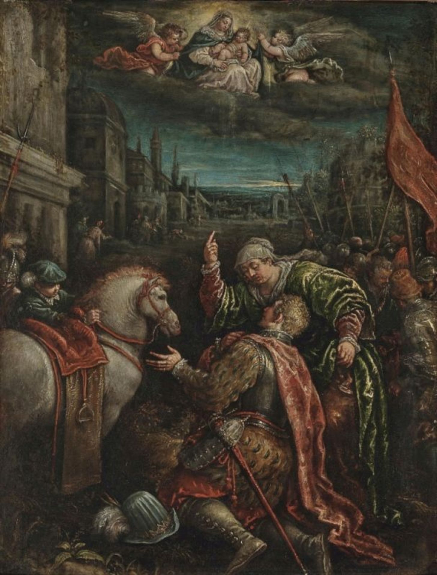 Venetian Schoollast quarter of the 16th century Madonna appears to a military commander Oil on