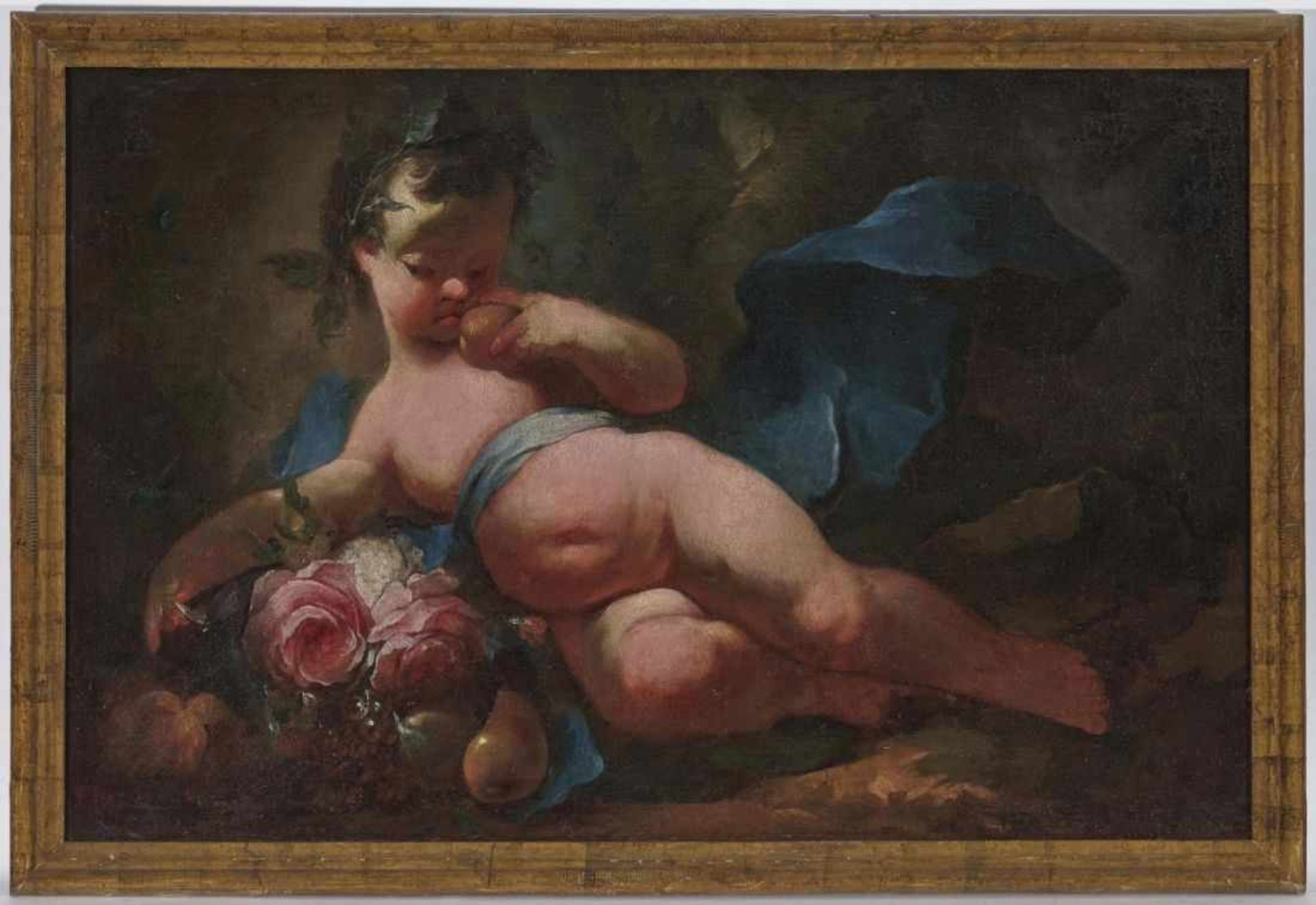 South German or Austrian SchoolPutto with Flowers and Fruits Oil on canvas. 74 x 112 cm. Relined. - Bild 2 aus 2