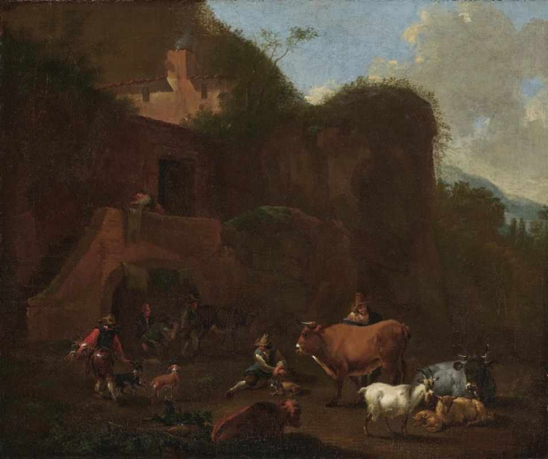 (In the style of) Berchem, NicolaesA Southern Rock Landscape with Farmers and Cattle Oil on