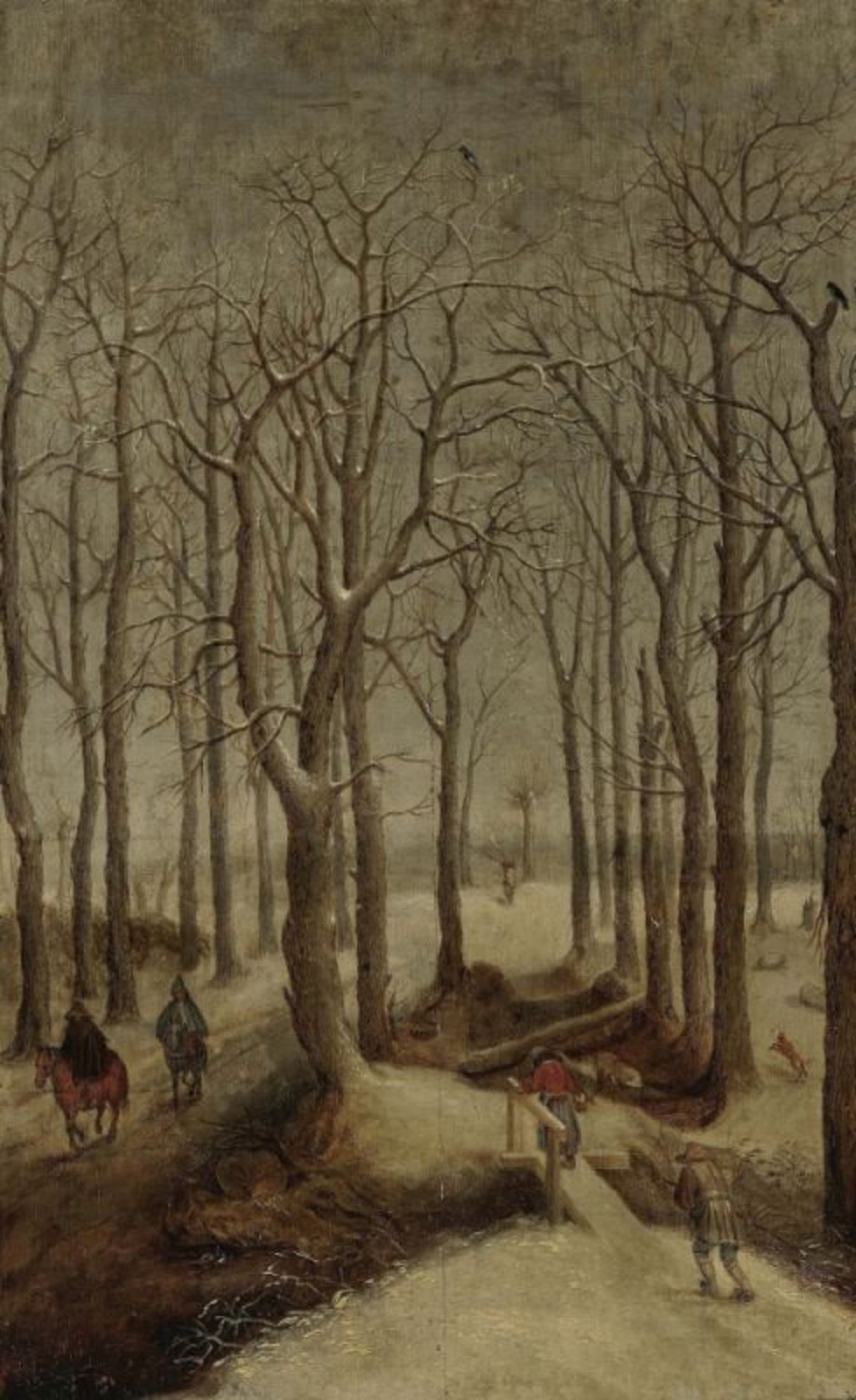 Flemish School, 16th centuryWintry Forest Landscape with Figure Scenery Oil on panel. 57.5 x 35.5