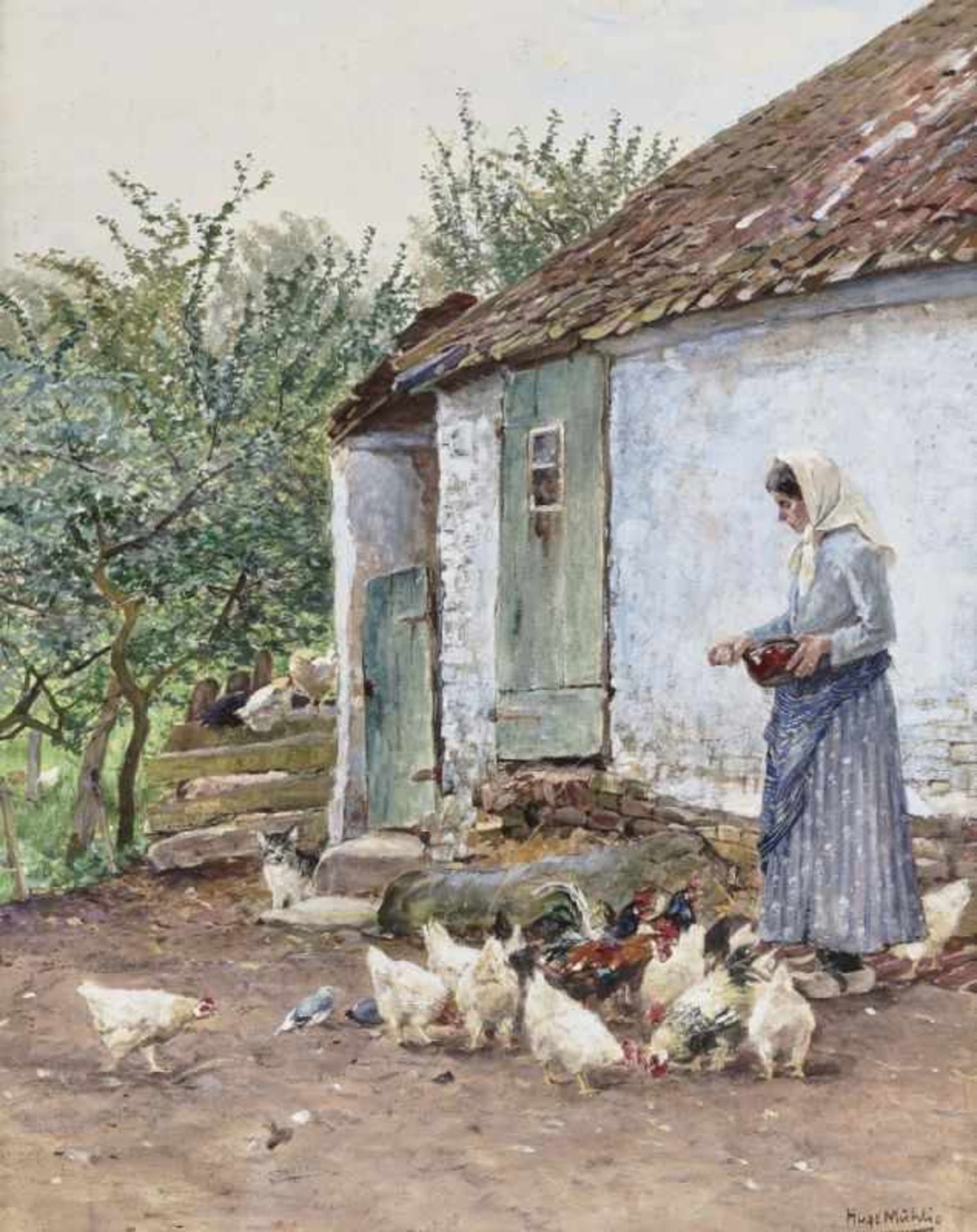 Mühlig, HugoA Corner of a House with Chickens Signed lower right. On the verso, cardboard titled,