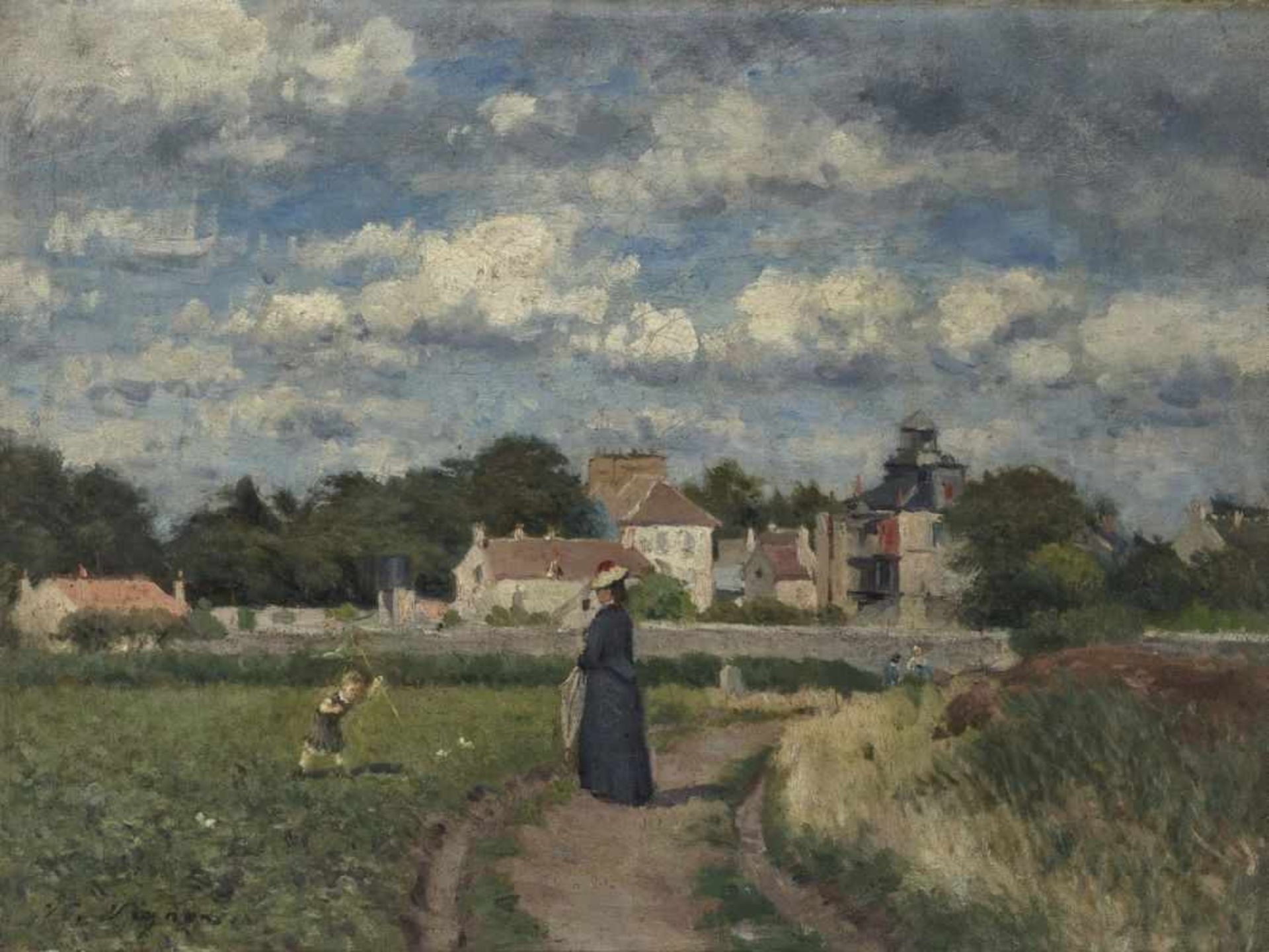 Vignon, Victor Alfred PaulA Mother with Child in the Meadow Signed lower left. Titled on stretcher