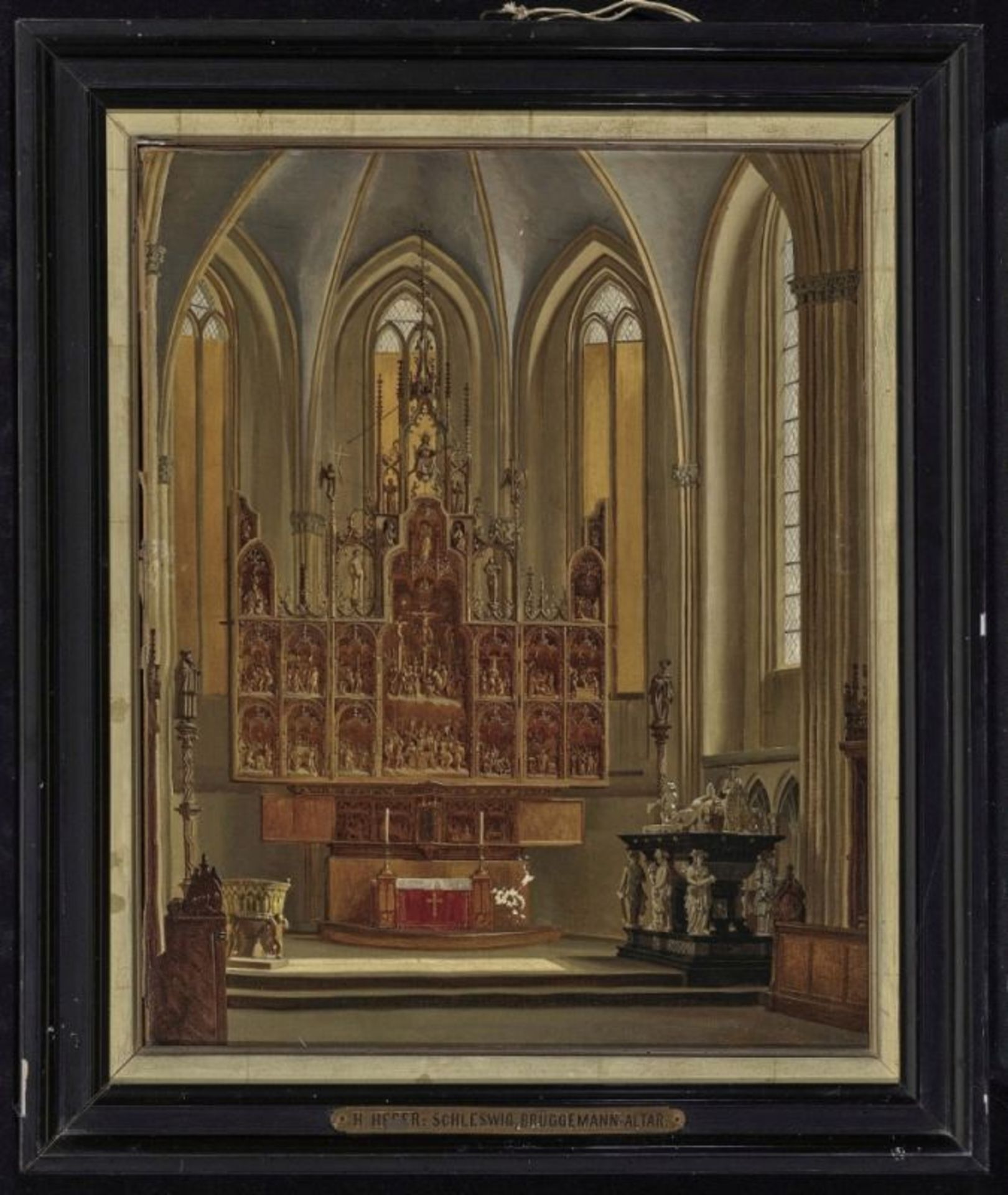 Heger, Heinrich AntonThe Brüggemann Altar in Schleswig Cathedral Verso inscribed. Oil on canvas. - Bild 2 aus 2