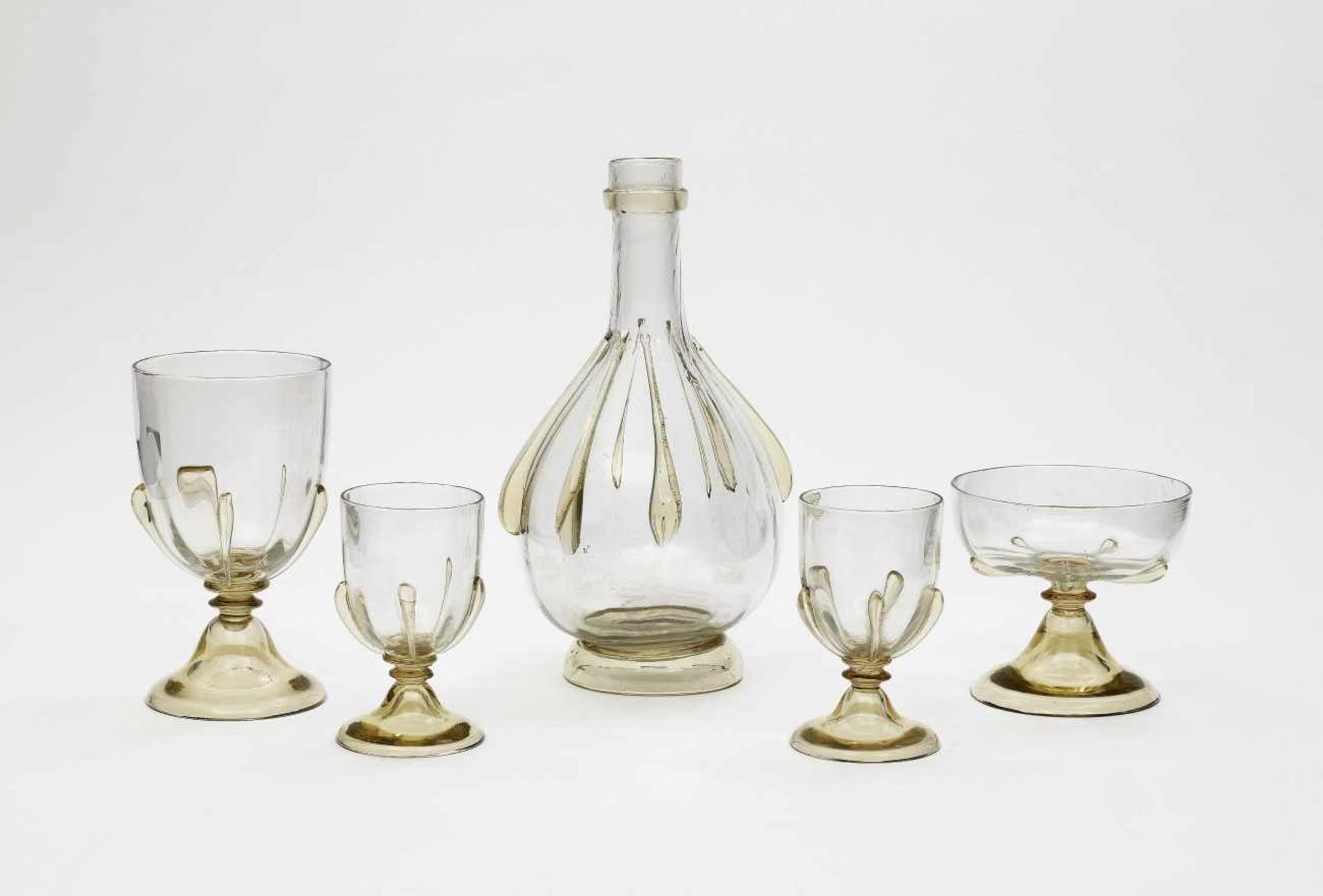 A five-piece drinking setEmile Gallé, Nancy, 1900-1910 Colourless glass. A drop in one glass is