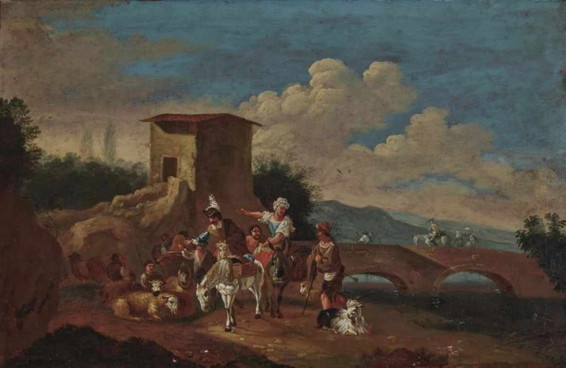 Unknown artist, 17th/18th centuryRiders and Farmers on the Riverbank Numbered verso ''N: 21:''.