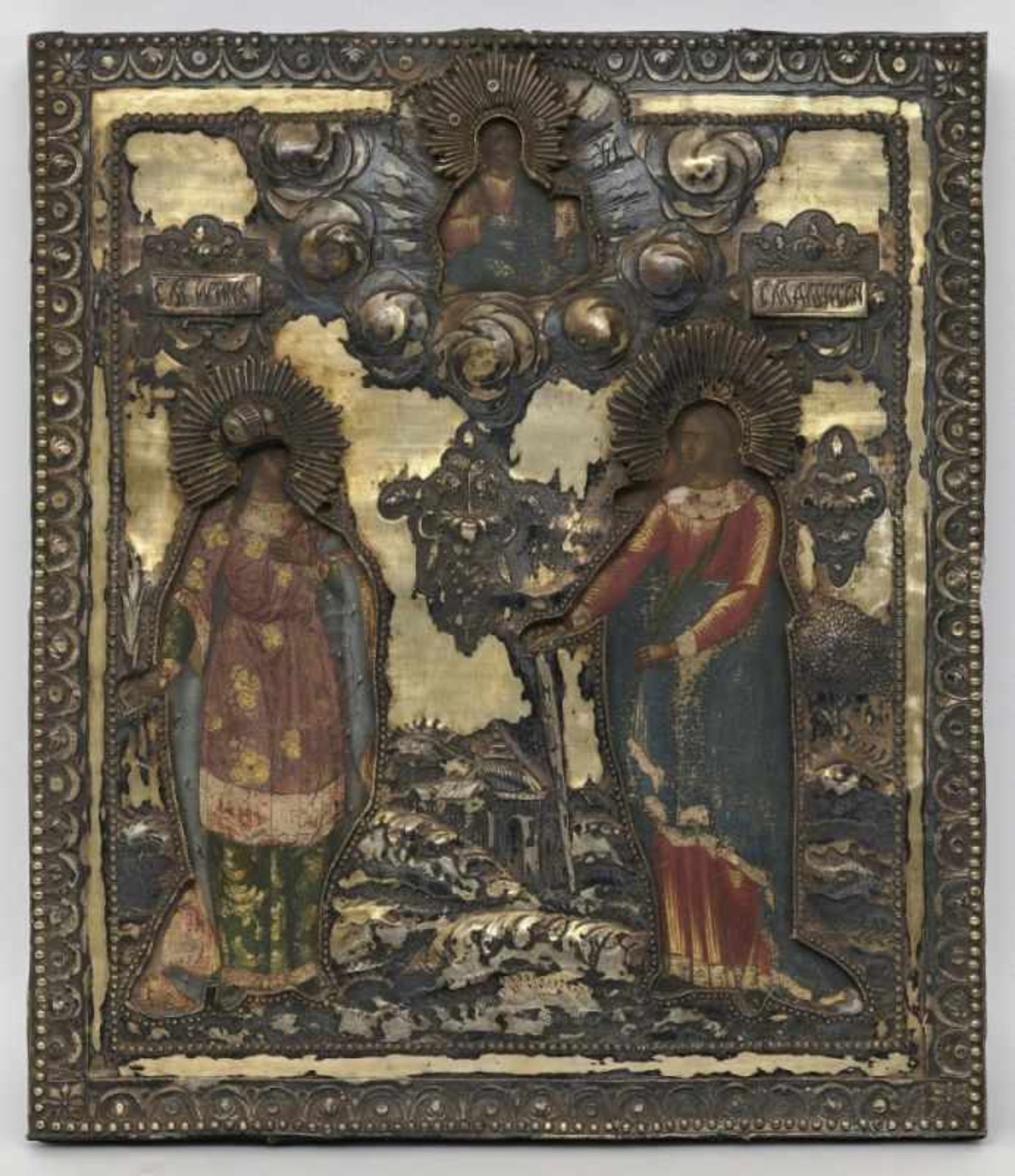 Two martyrsRussia, gilded silver oklad dated 1804 Tempera on panel. Oklad with hallmarks of