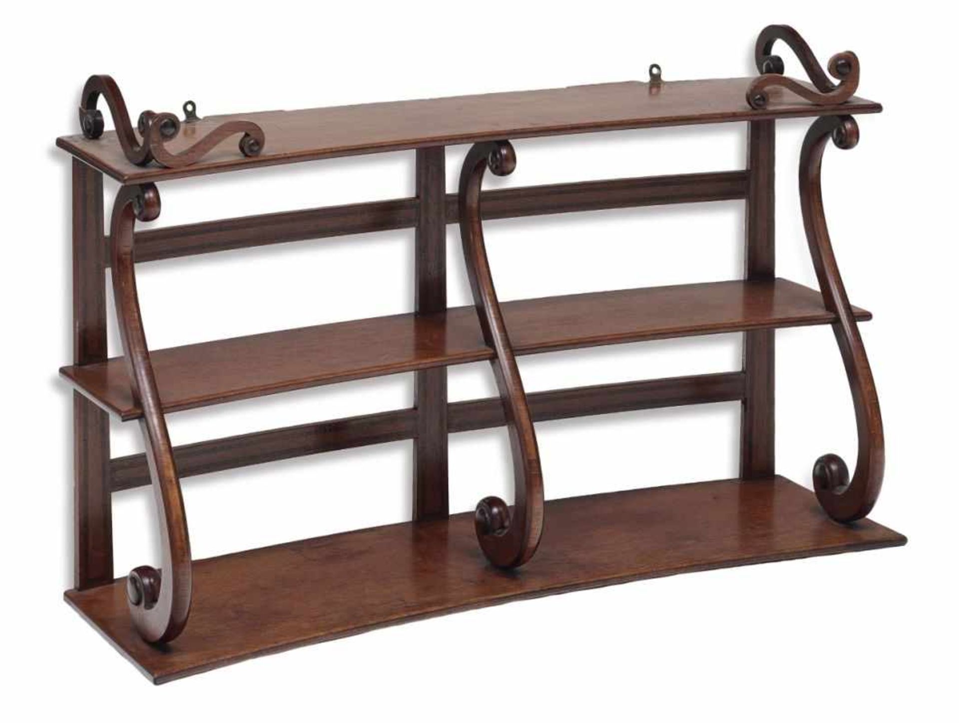 A pair of hanging shelvesEngland, 19th century Mahogany and palisander veneer. Strip inserts.