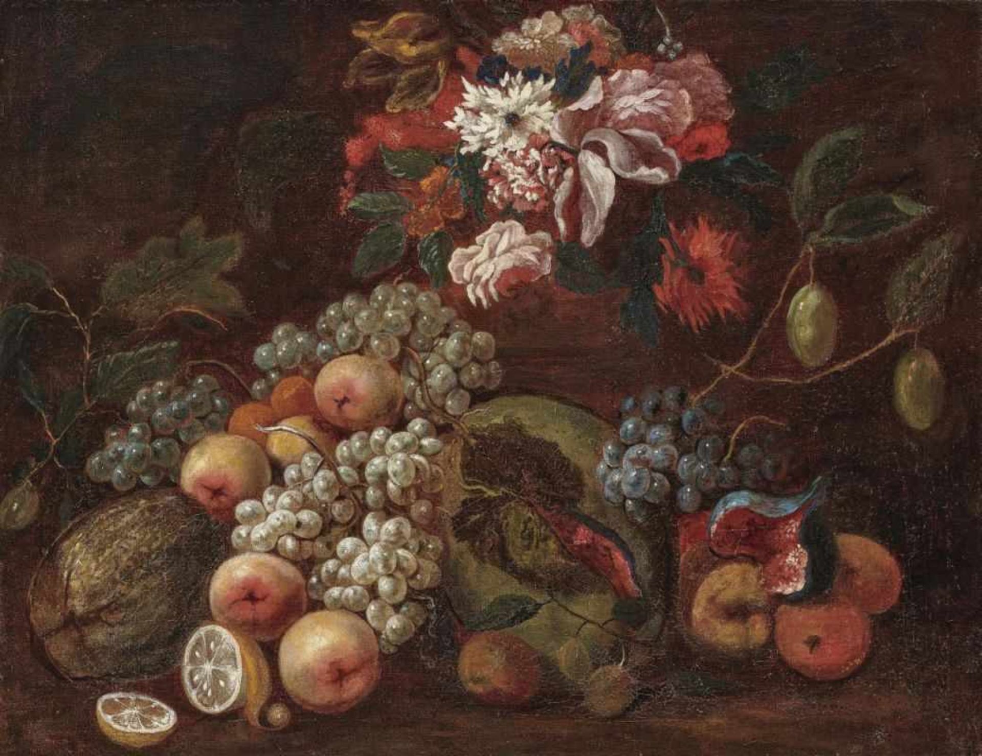 Italian School (Naples?), 17th centuryStill Life with Fruits and Flowers On the verso, old inventory