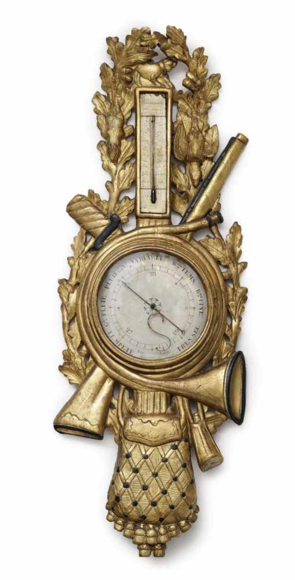 A barometerFrance (Paris), late 18th century With thermometer. Wood, carved, painted in gold.
