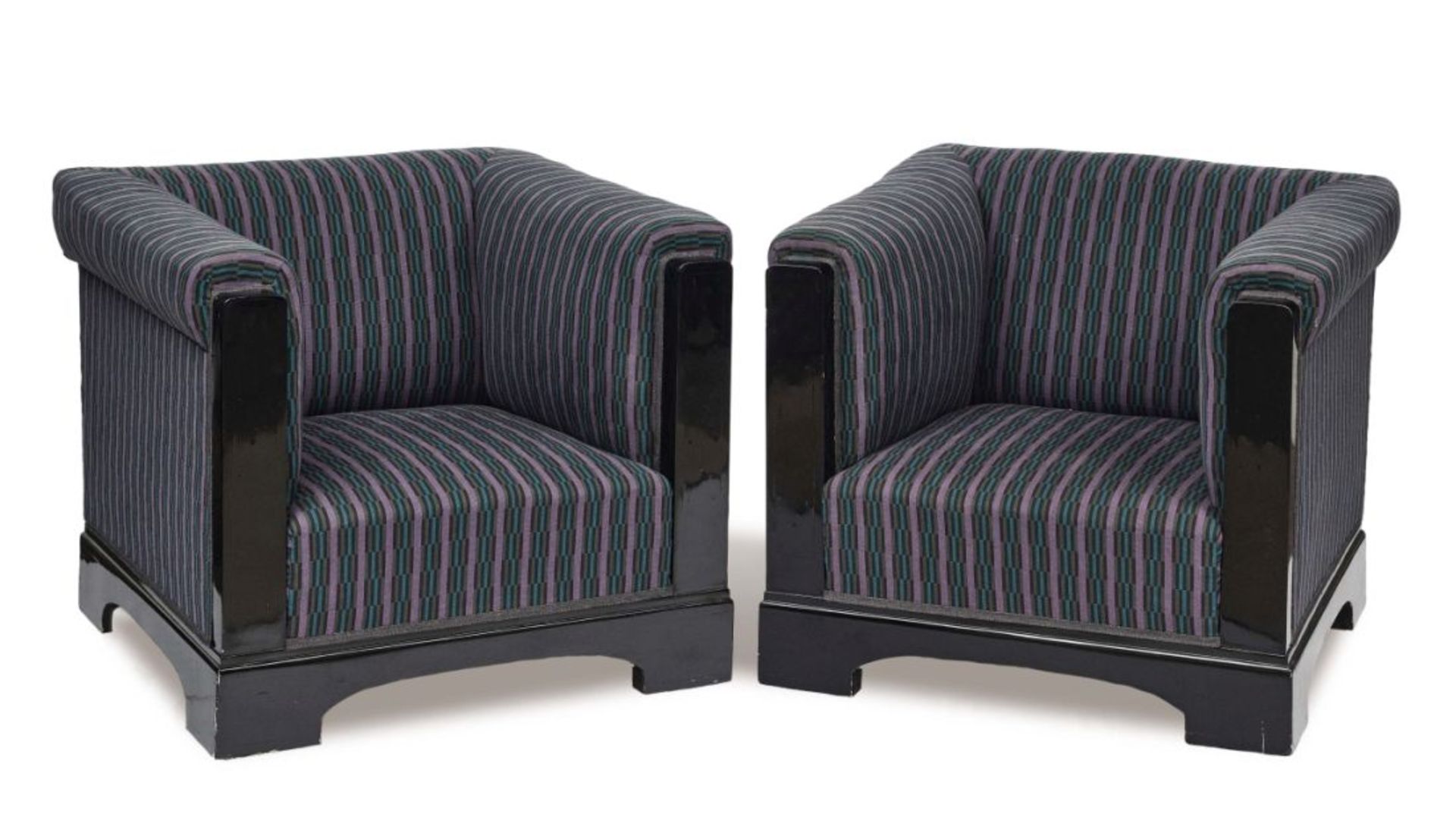 A pair of Art Deco armchairsFrance, circa 1930 Wooden frame, painted in black. Upholstered.