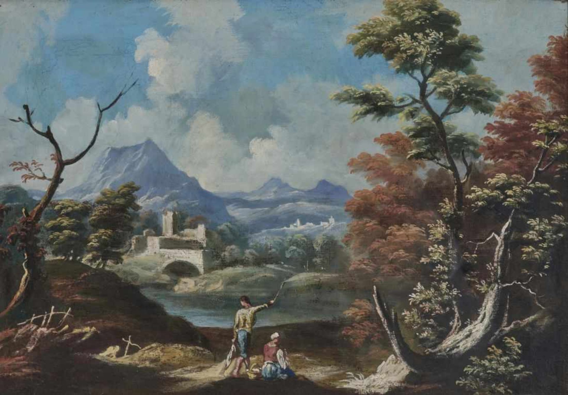Italian School, 18th century (?)A Resting Peasant Couple on the Riverside in a Mountainous Landscape