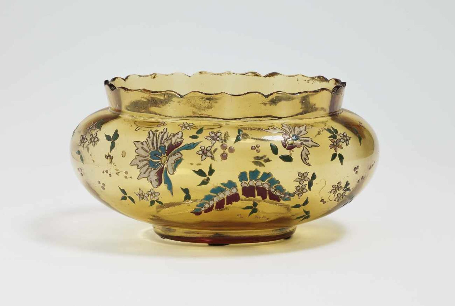 A bowlEmile Gallé, Nancy, 1884-1889 Glass. Enamelled decoration partially gold-heightened. Inscribed