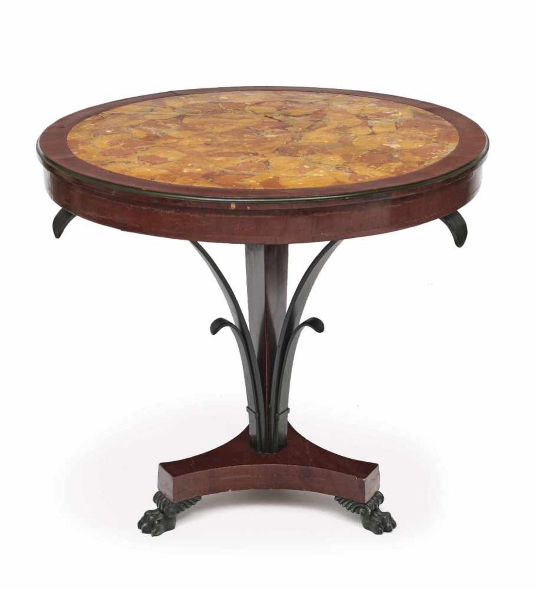 A tableItaly, 19th century Mahogany veneer. Scagliola plate. Restored, signs of wear. Height 74