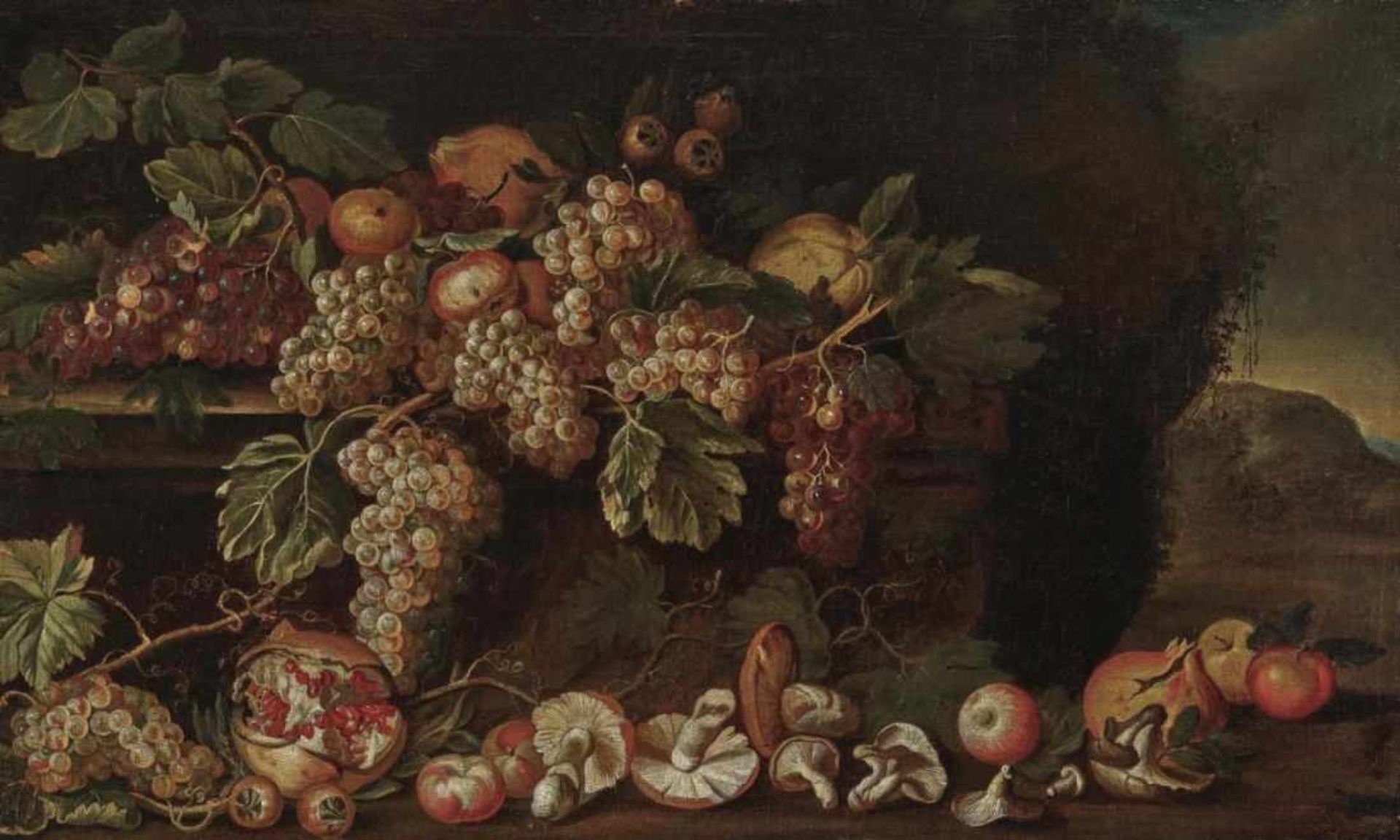 Italy, 17th centuryStill Life with Mushrooms and Fruits Oil on canvas. 70 x 117 cm. Relined.