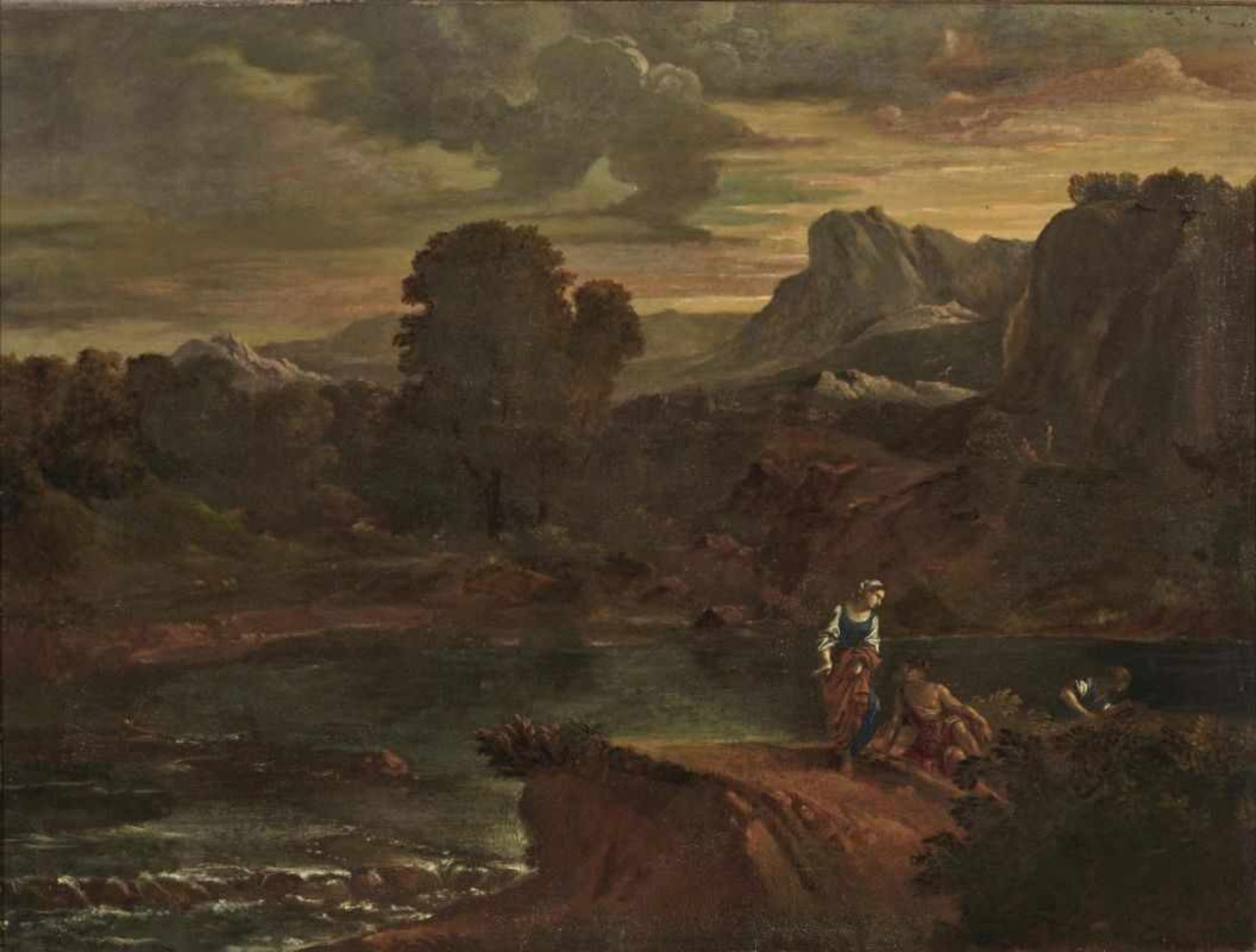 Italian School (?) 18th centuryRiver Landscape with Figure Scenery Oil on canvas. 57 x 74.5 cm.