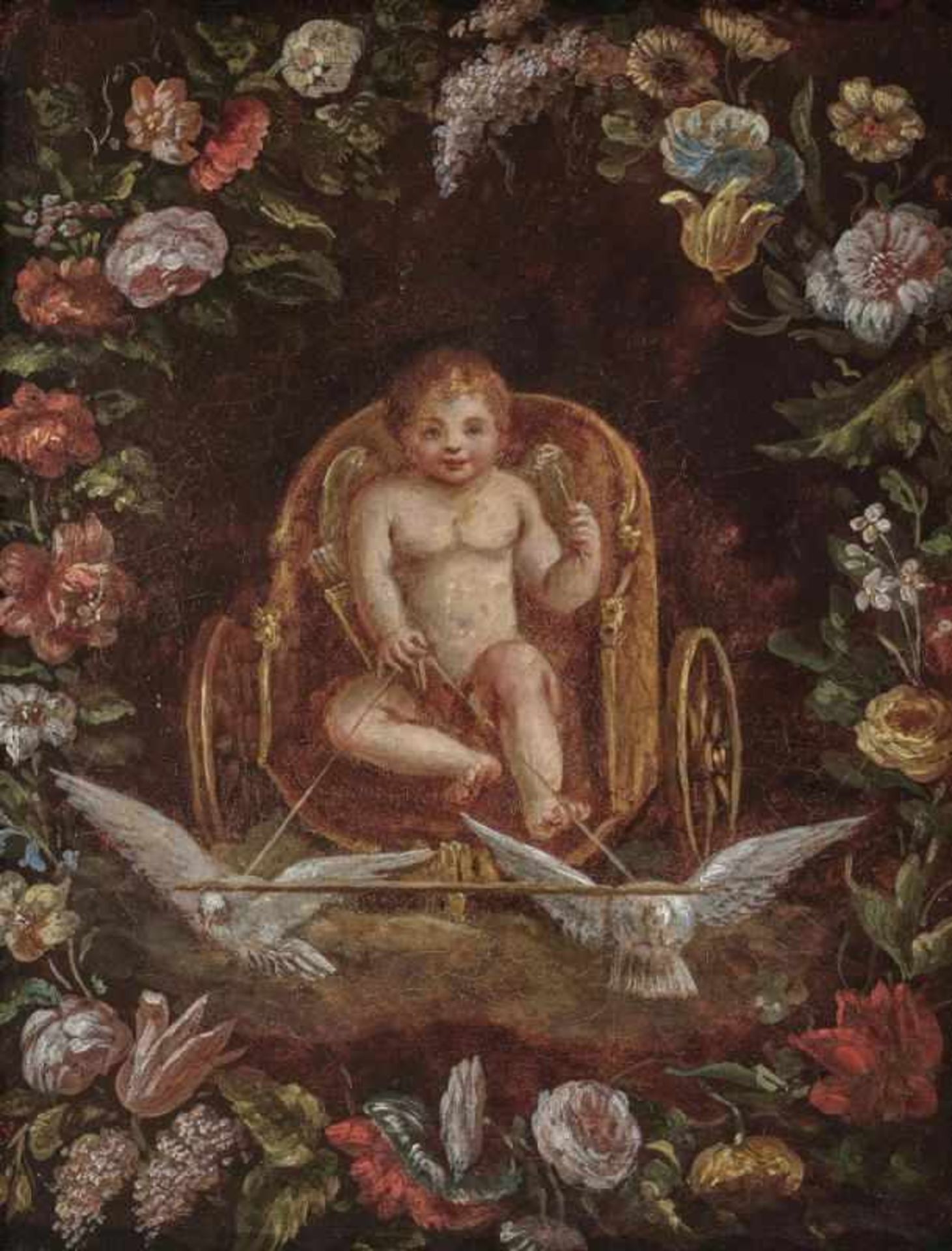 Flemish School, 17th centuryCupid Steering Venus' Chariot Oil on panel. 27 x 21.5 cm. Restored.