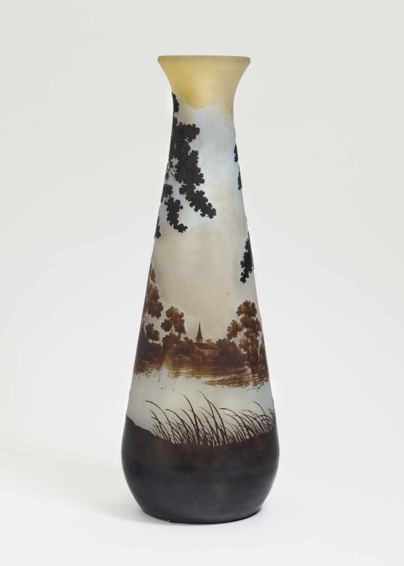 A vase 'paysage de verre'Emile Gallé, Nancy, 1906-1914 Matted flashed glass. Circumferential