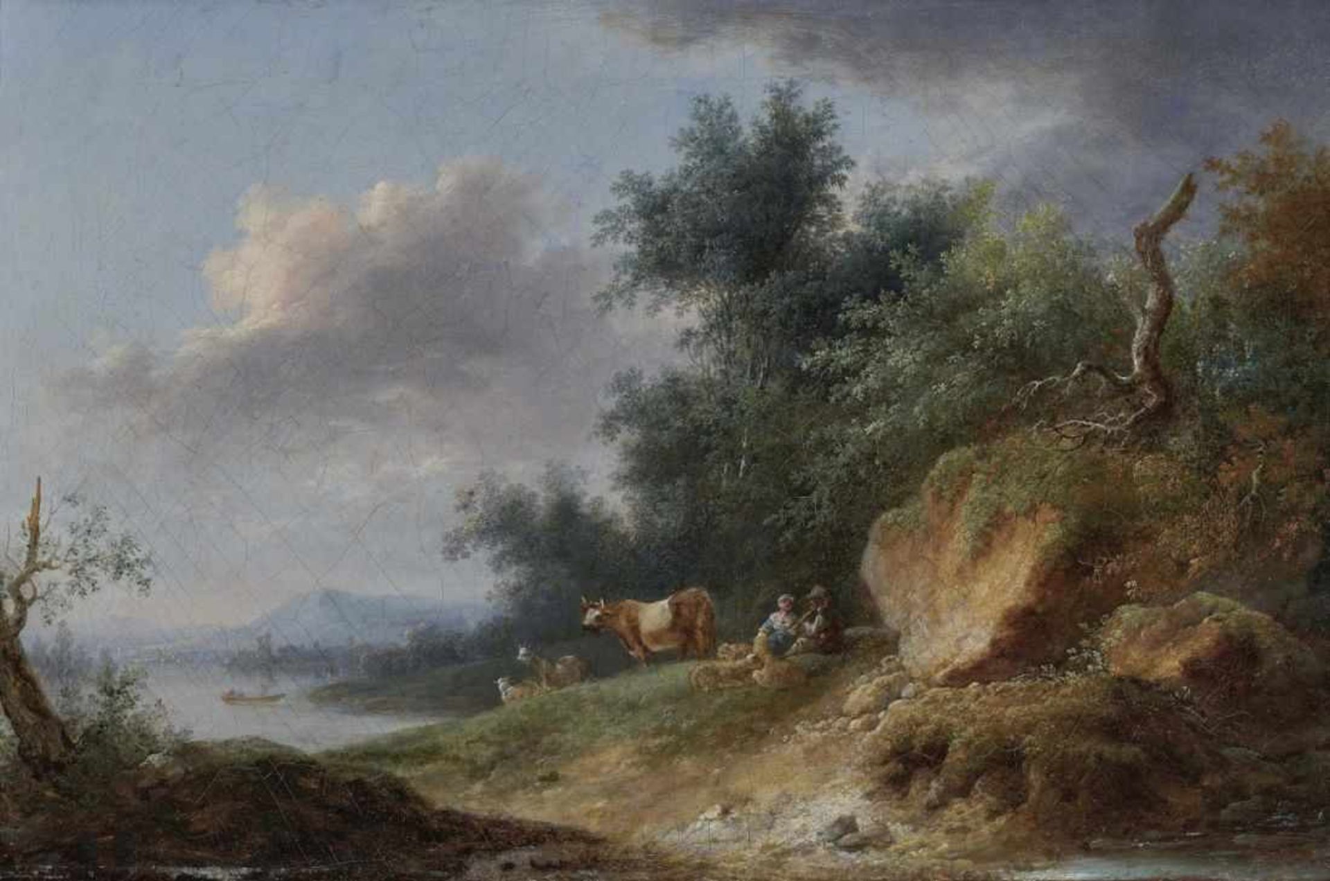 French School (?), 18th/19th centuryA Shore Landscape with Resting Shepherd Couple and Cattle Oil on