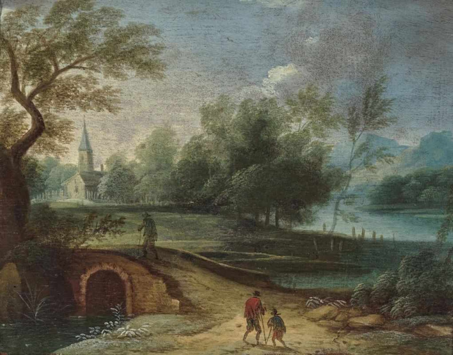 Dutch SchoolLandscapes with Figure Scenery Two paintings. Remains of wax seals ''Wappenkartusche mit