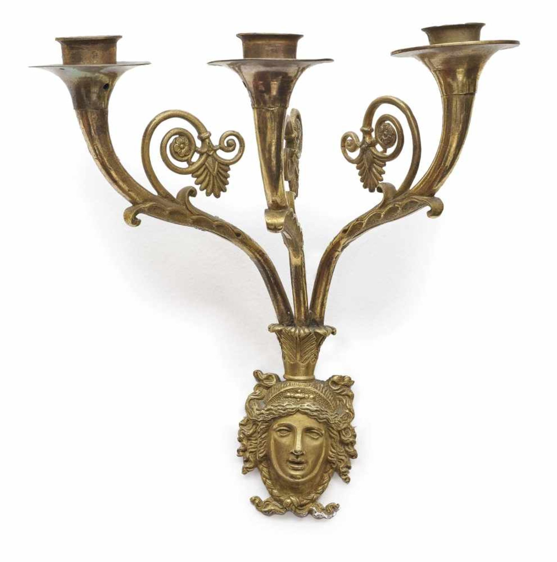 A pair of 3-light wall lightsFrance, 19th century Bronze, painted in gold. Electrified. Height 25