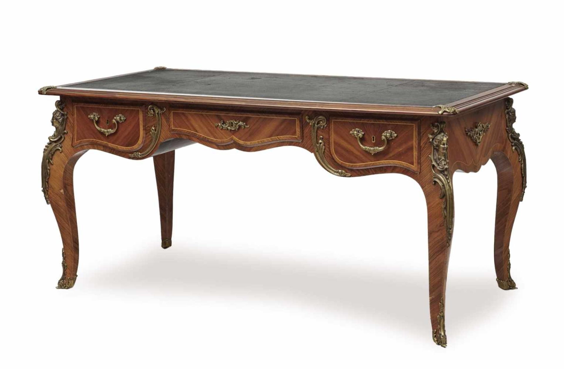 A Bureau PlatIn Louis XV style Veneered palisander and rosewood. Figurative brass fittings.