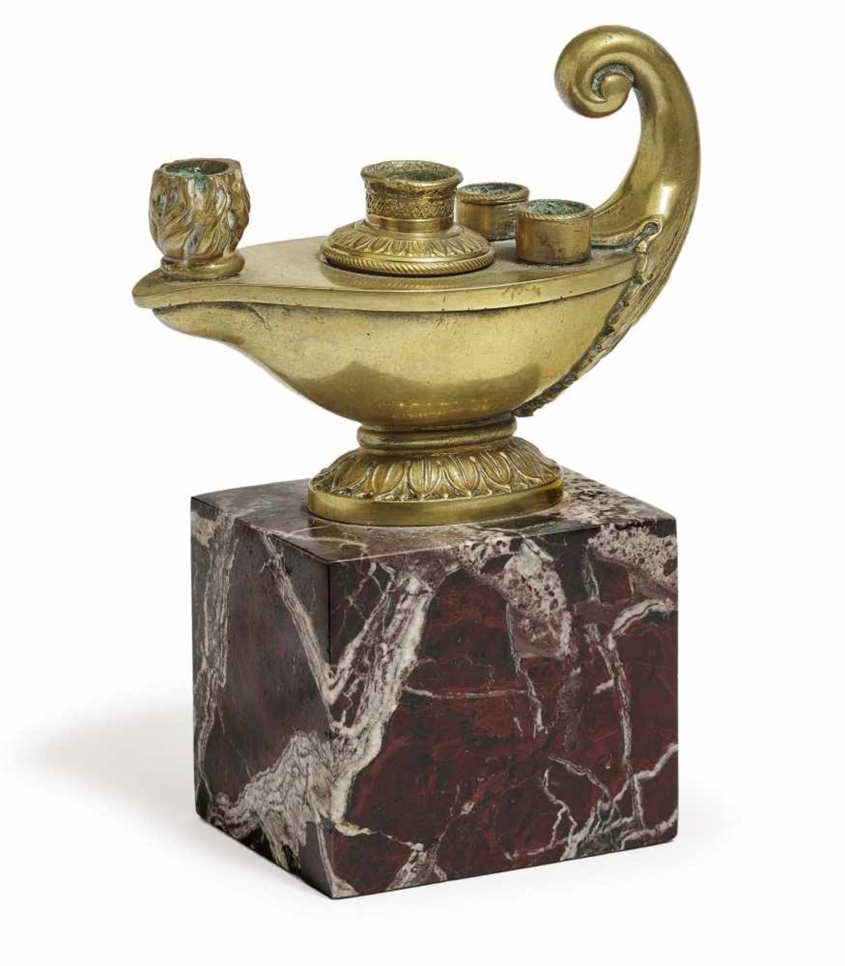 An inkwellFrance (Paris), 19th century Bronze, marble base. Height 14.5 cm.TintenfassFrankreich (