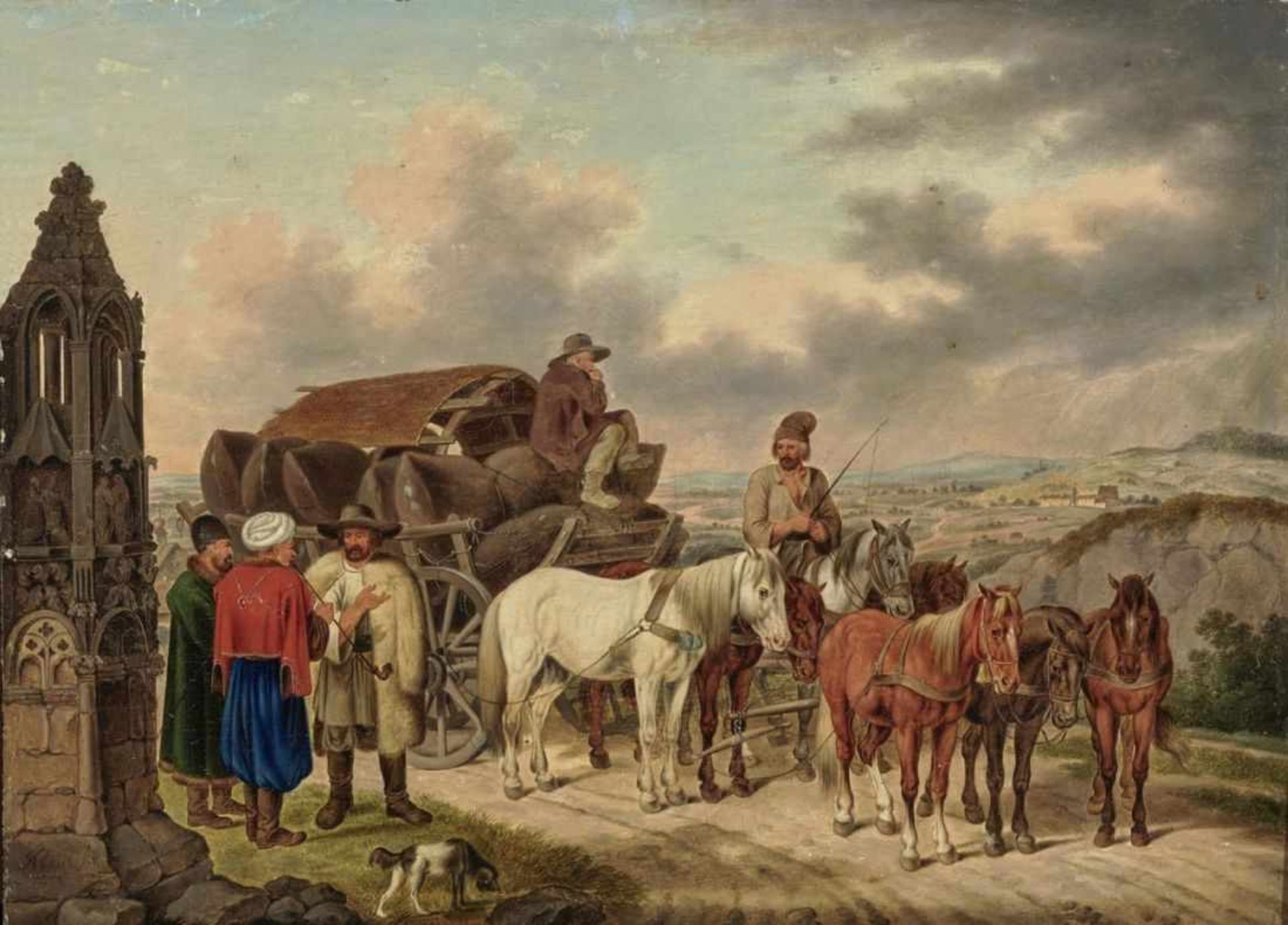 Klein, Johann AdamStop of a Seven-Horse Wallachian Freight Carriage at a Shrine Signed lower left