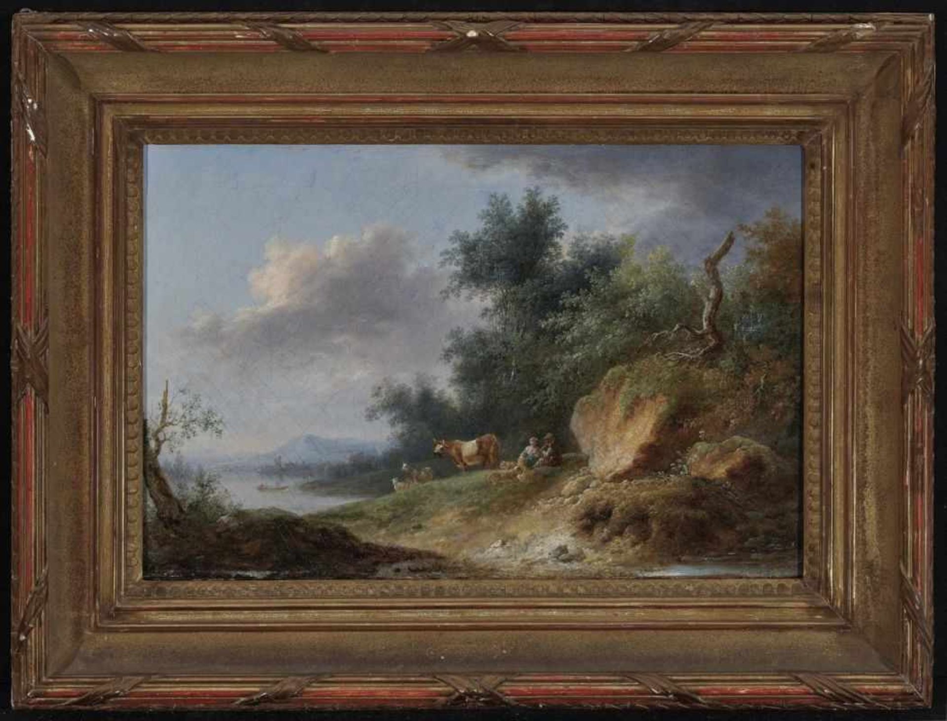 French School (?), 18th/19th centuryA Shore Landscape with Resting Shepherd Couple and Cattle Oil on - Bild 2 aus 2