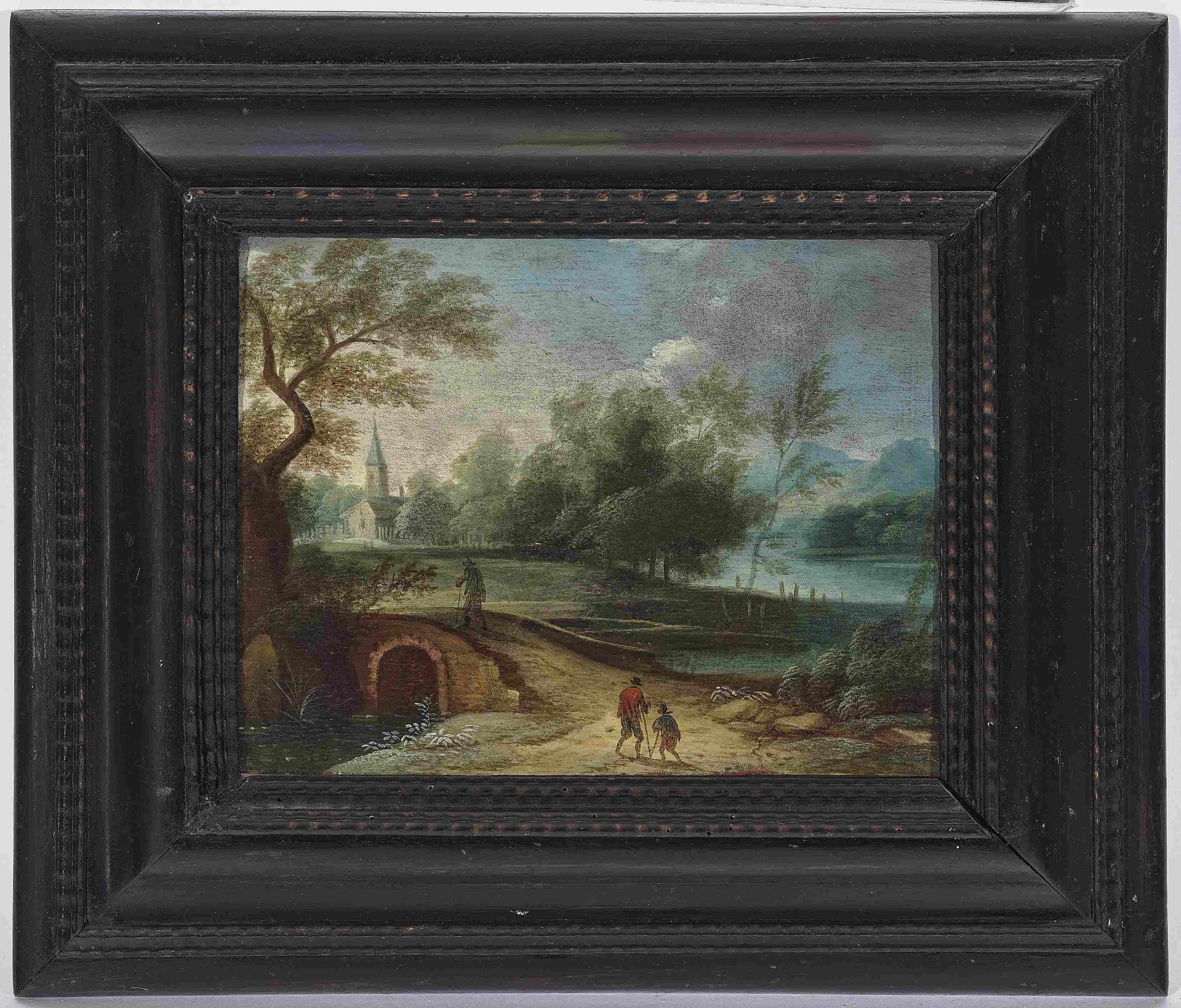 Dutch SchoolLandscapes with Figure Scenery Two paintings. Remains of wax seals ''Wappenkartusche mit - Bild 3 aus 4