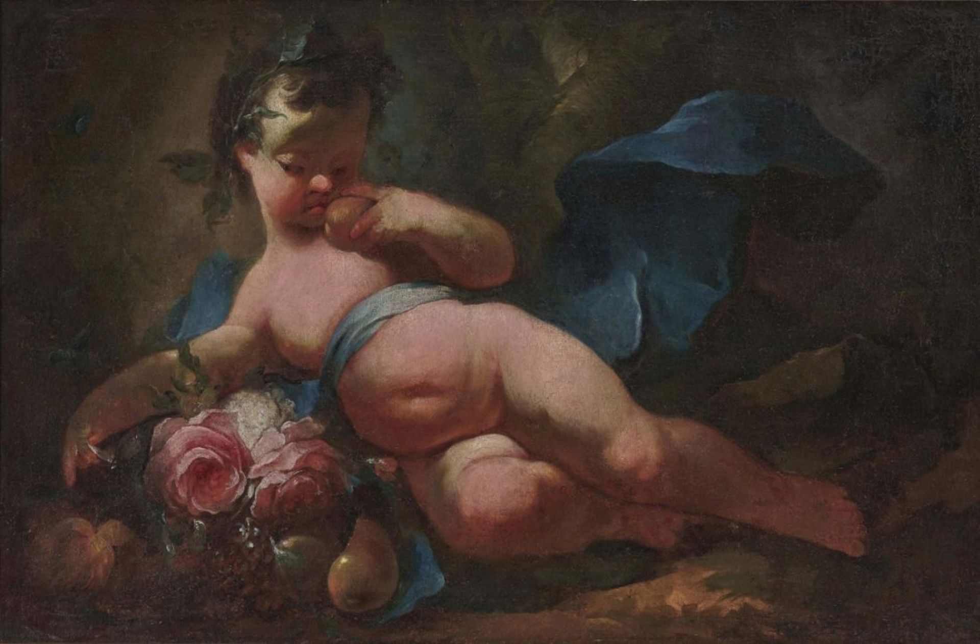 South German or Austrian SchoolPutto with Flowers and Fruits Oil on canvas. 74 x 112 cm. Relined.