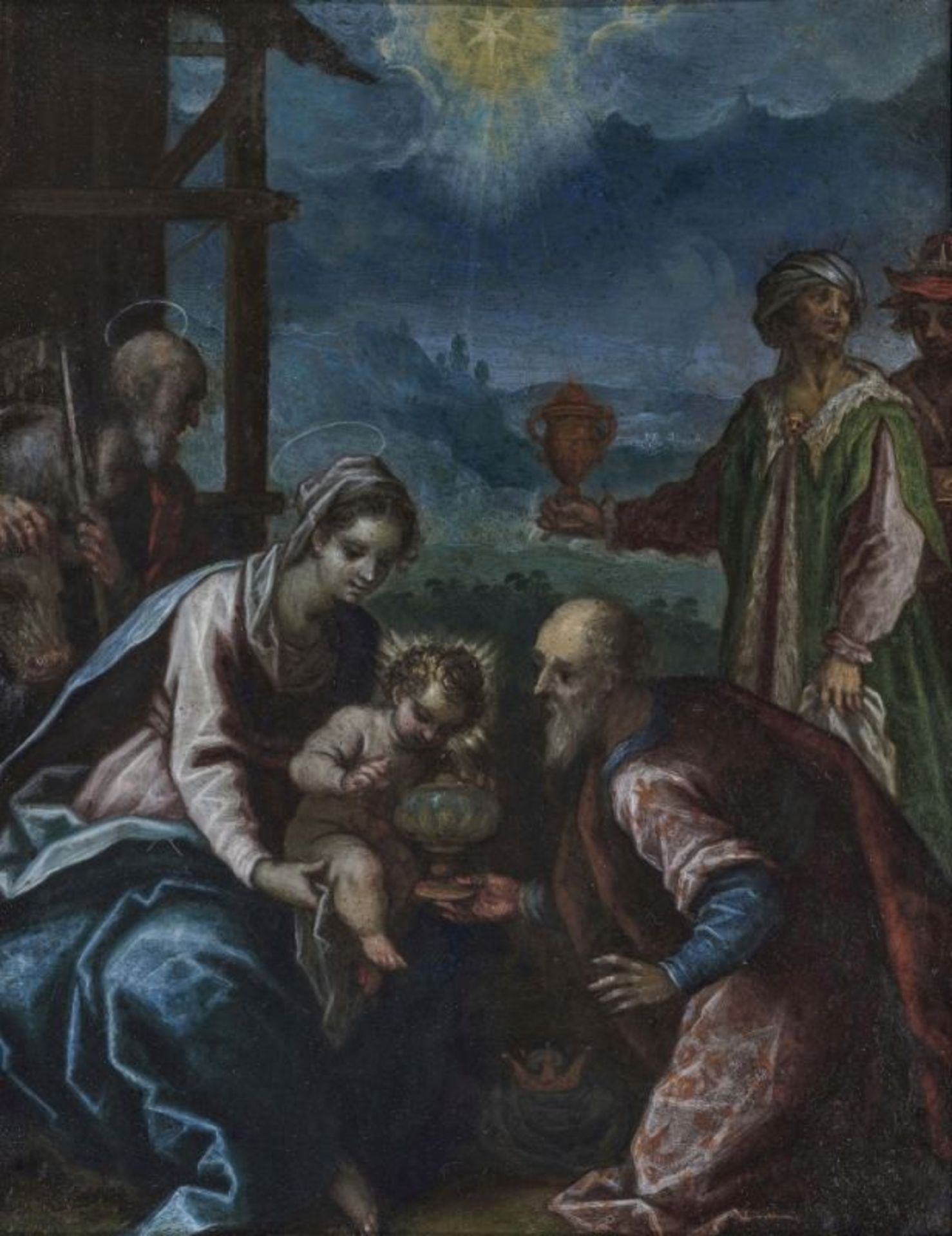 Italian School (?), 16th centuryThe Adoration of the Magi Oil on copper. 29 x 22.5 cm. Restored.