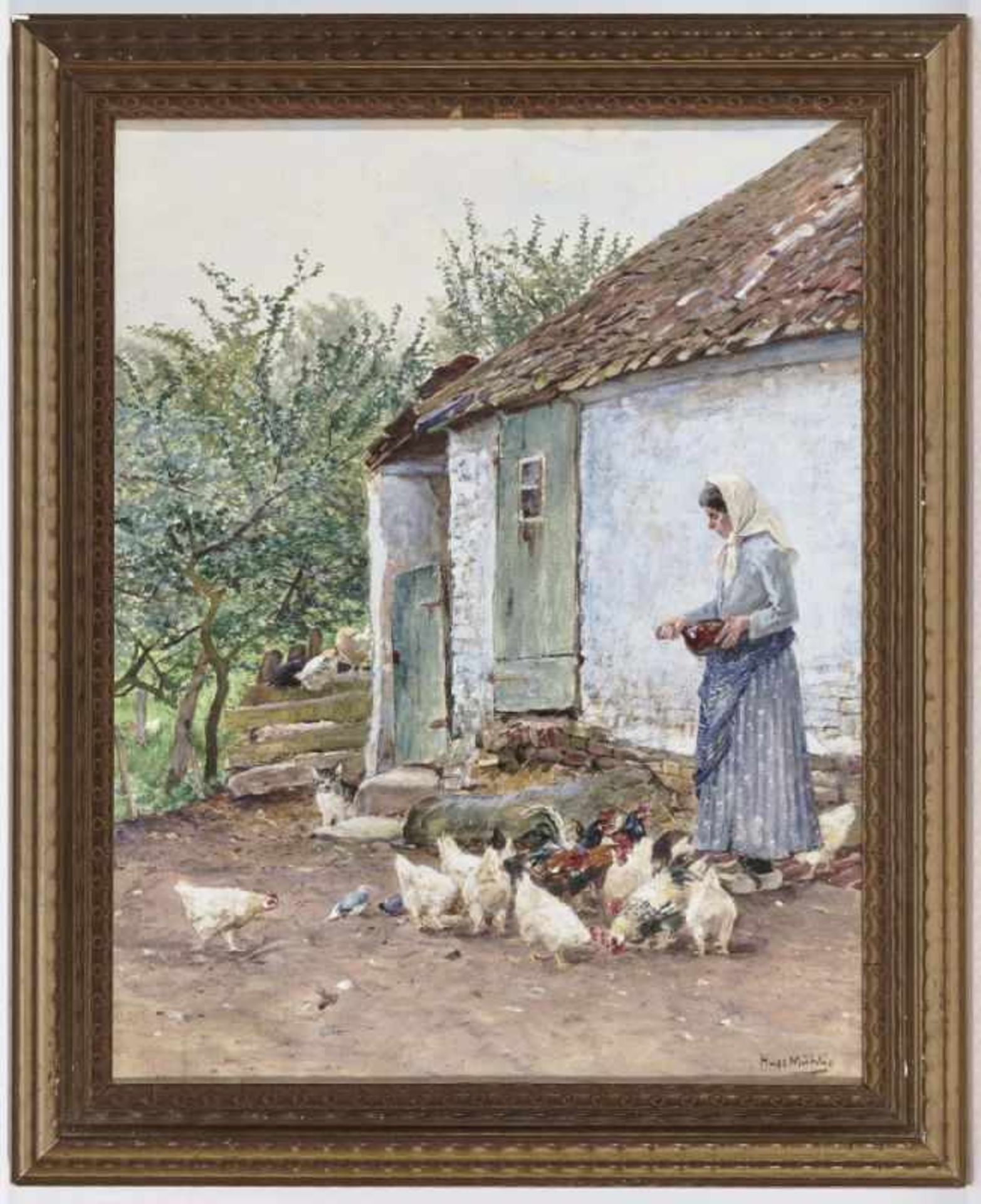 Mühlig, HugoA Corner of a House with Chickens Signed lower right. On the verso, cardboard titled, - Bild 2 aus 2