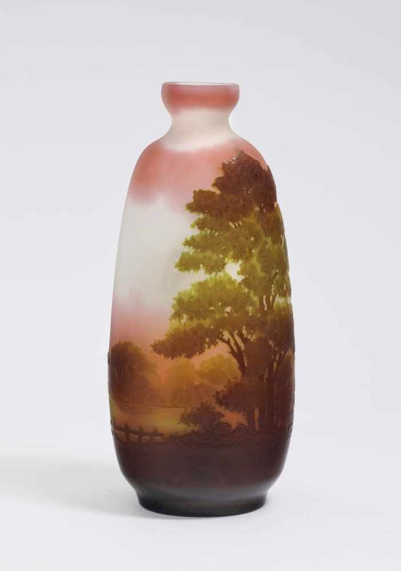 A vase 'paysage de verre'Emile Gallé, Nancy, 1906-1914 Overlay glass, powder meltings. Etched decor.