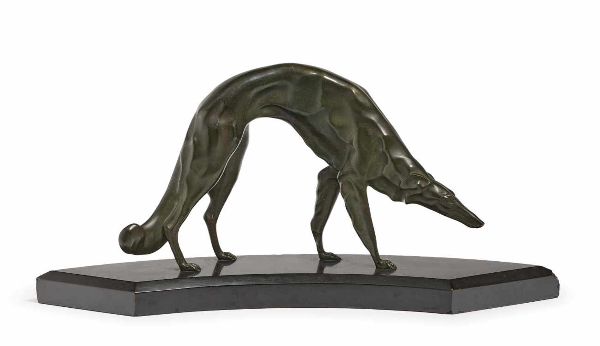 A greyhoundCirca 1930, Georges Lavroff Bronze, patinated. Marble base. On the tail inscribed ''G.