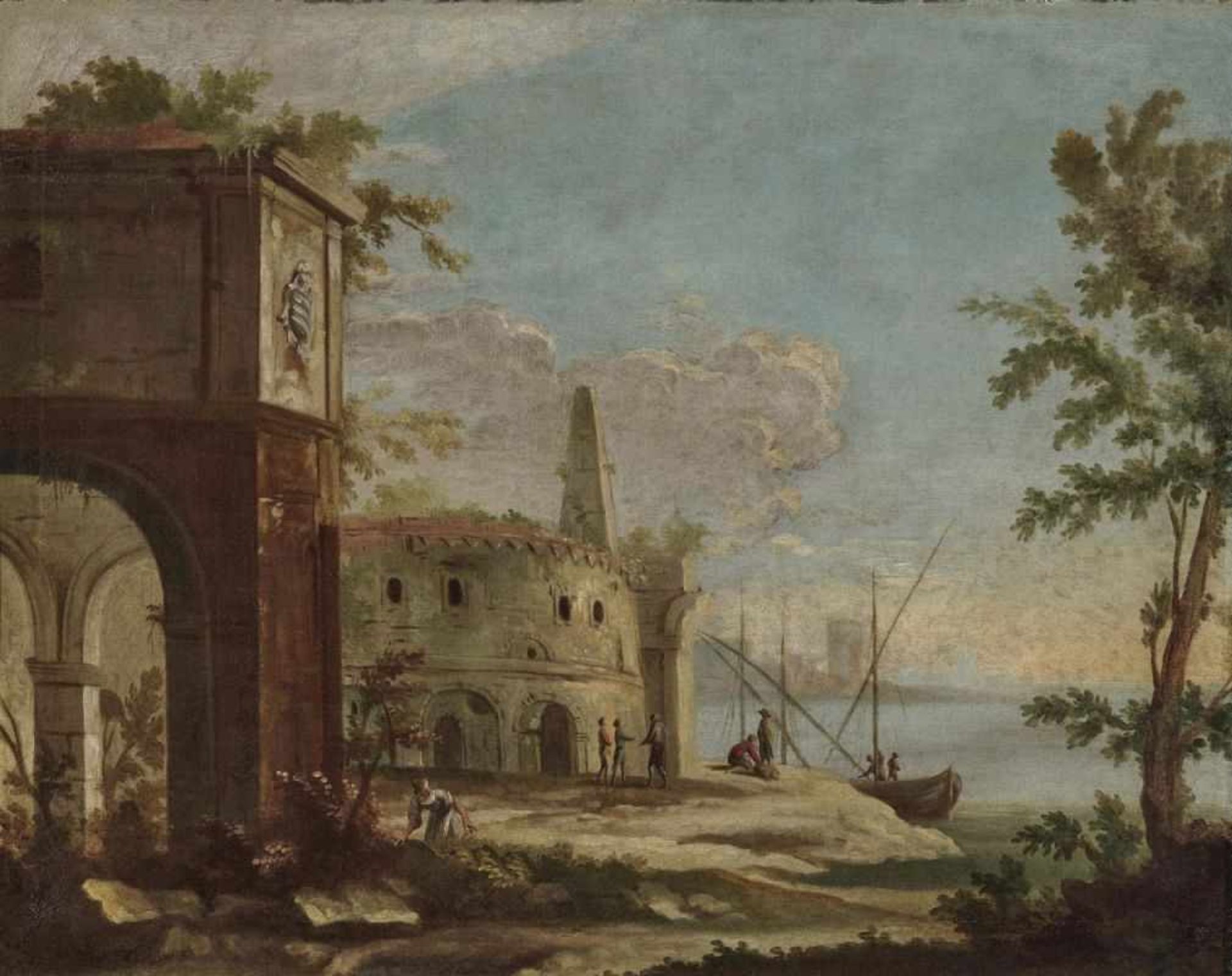 French School (?), 18th centuryShore Landscapes with Ruins and Figure Scenery Two paintings. Oil
