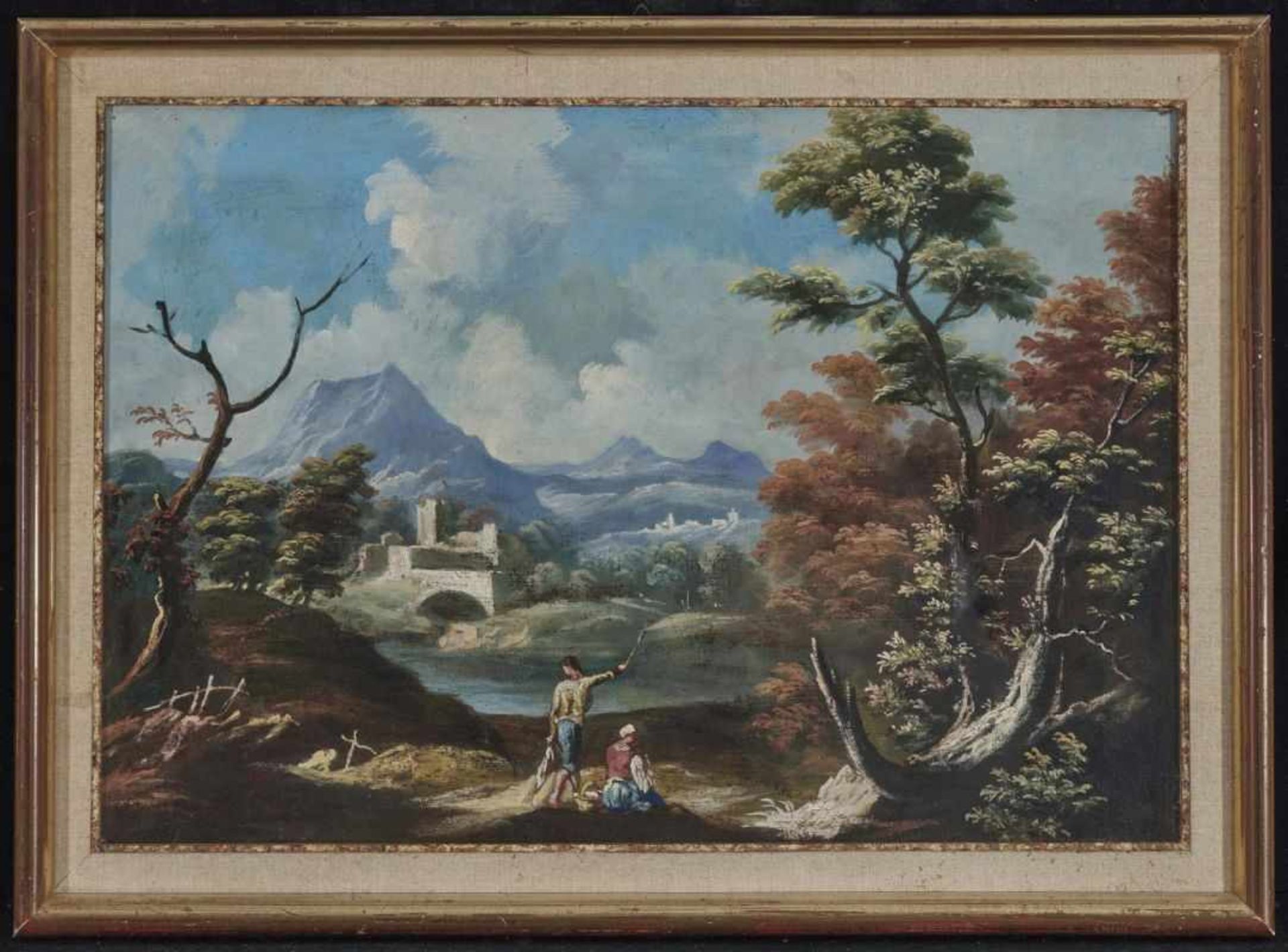 Italian School, 18th century (?)A Resting Peasant Couple on the Riverside in a Mountainous Landscape - Bild 2 aus 2